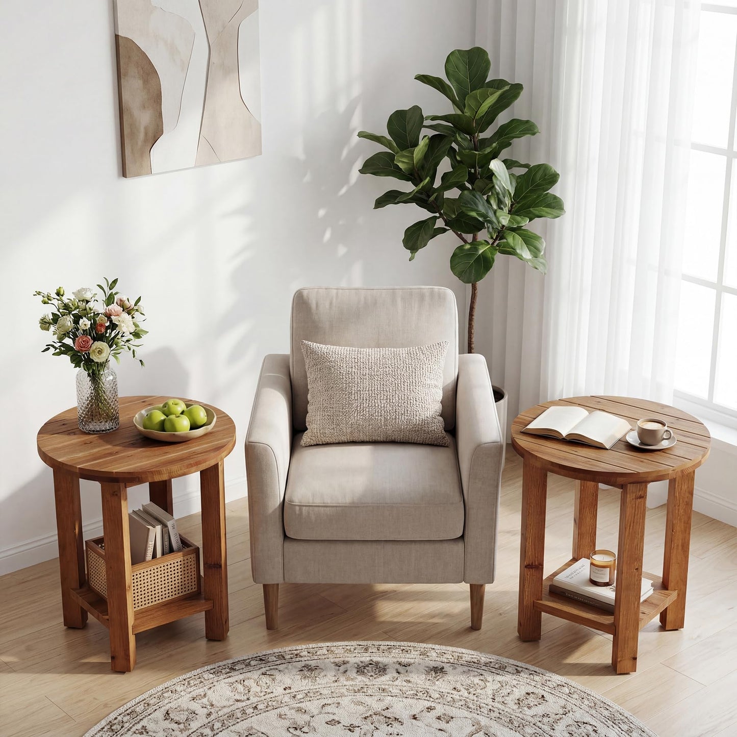 Round Side Table, 2-Tier Solid Wood End Table with Storage Shelf, Small Farmhouse Accent Table with Grooved Textured Tabletop for Living Room, Bedroom, Brown (1)