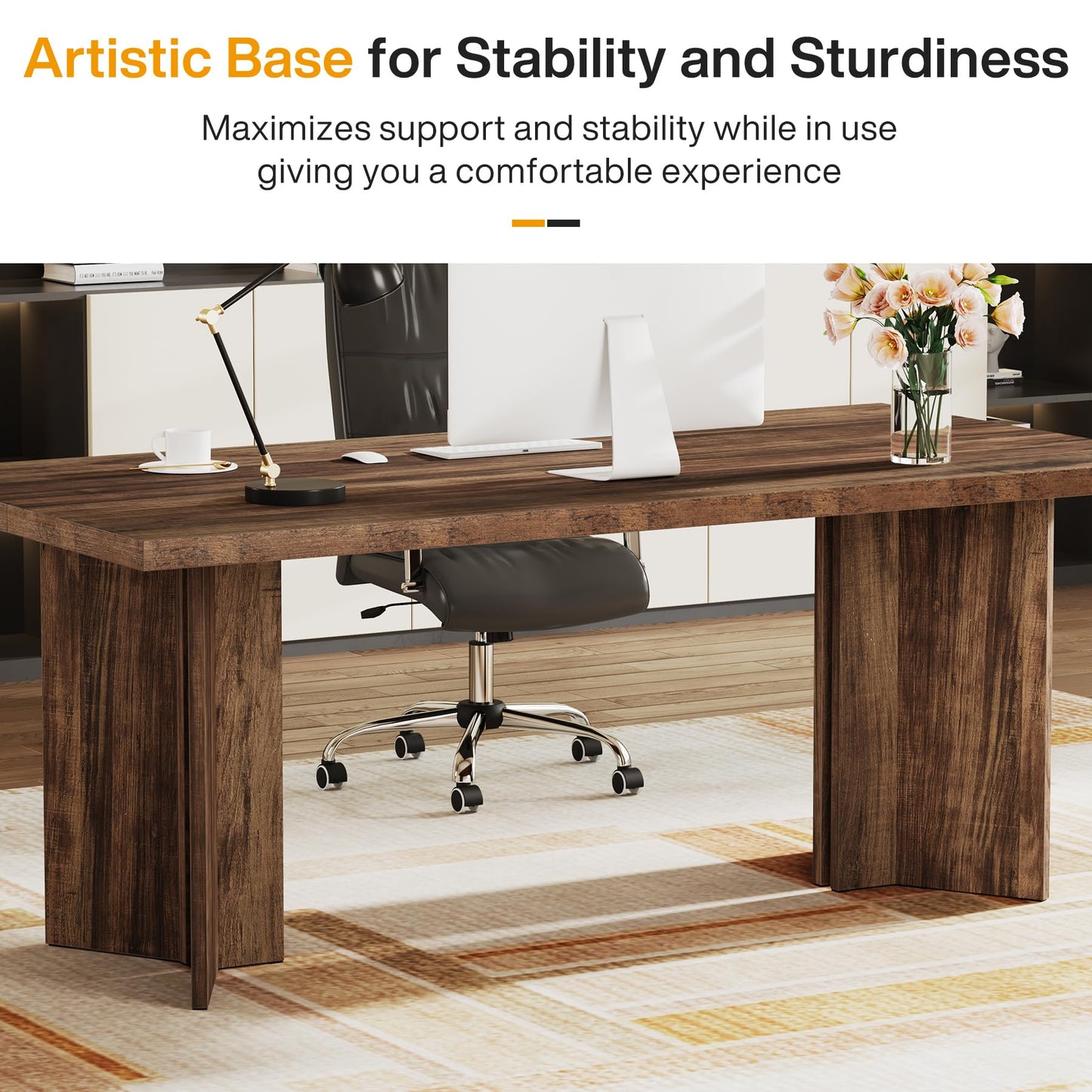 Tribesigns 63-inch Executive Desk, Vintage Home Office Computer Desk with Large Tabletop, Farmhouse Wood Writing Conference Table Workstation for Office, Study, Walnut Brown