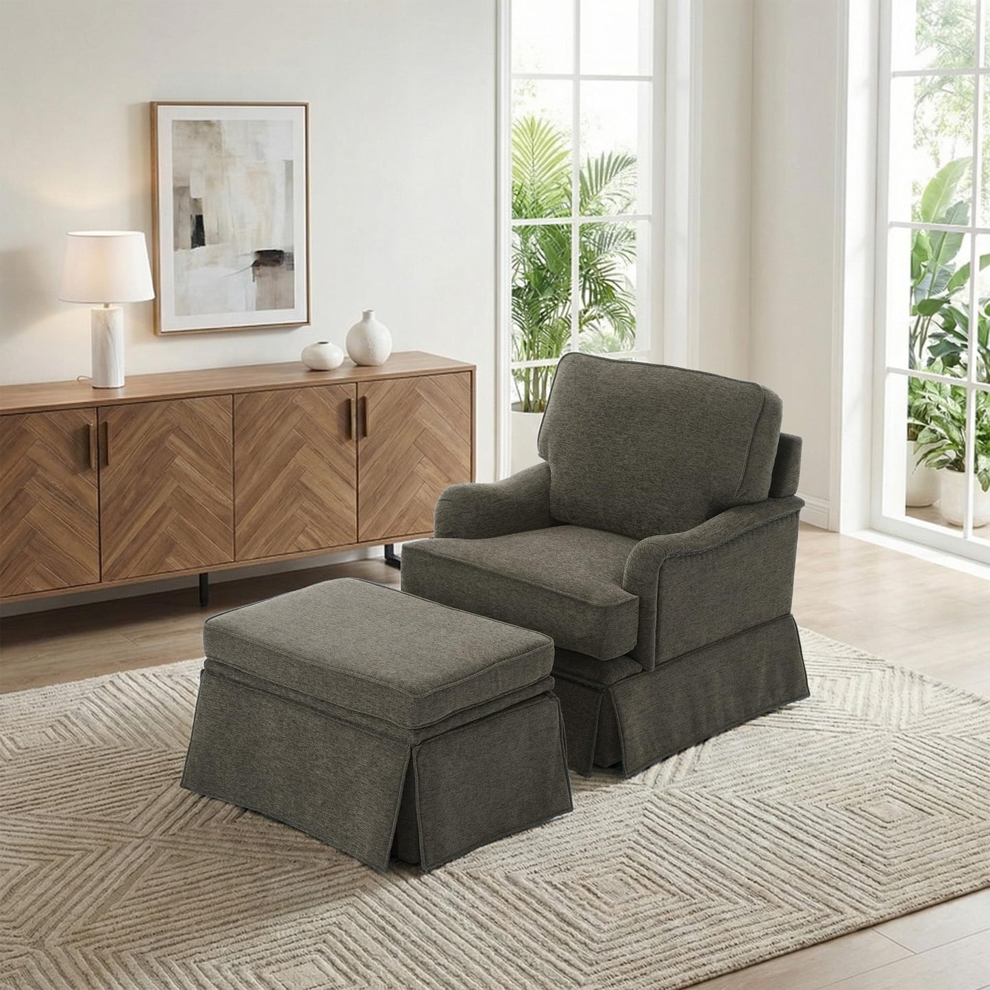 Swivel Accent Chair, 360° Swivel Upholstered Armchairs with Curved Arms, Comfy Chenille Fabric Lounge Reading Chairs for Living Room Bedroom Study, Metal Swivel Base, Tan
