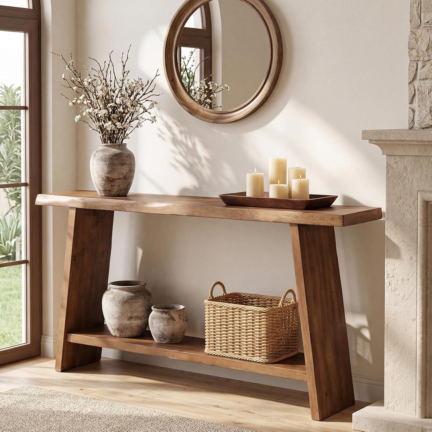 Solid Wood Console Table, 62.99" Entryway Table with Storage Shelf, 2 Tiers Narrow Skinny Sofa Table for Hallway, Entrance, Living Room, Brown