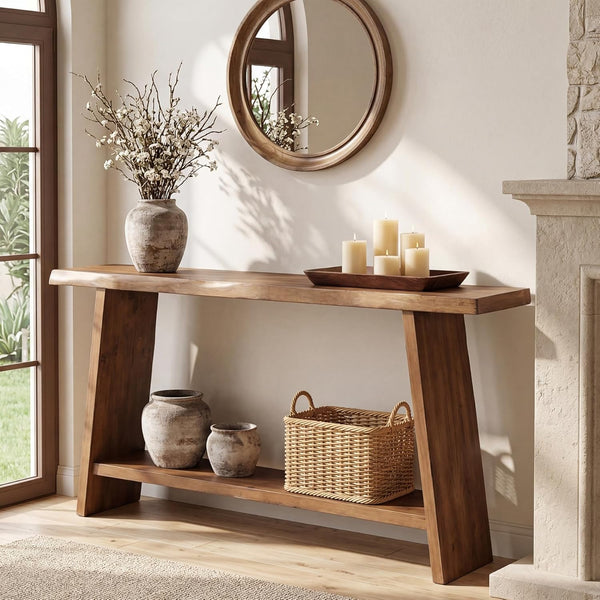 Solid Wood Console Table, 62.99" Entryway Table with Storage Shelf, 2 Tiers Narrow Skinny Sofa Table for Hallway, Entrance, Living Room, Brown