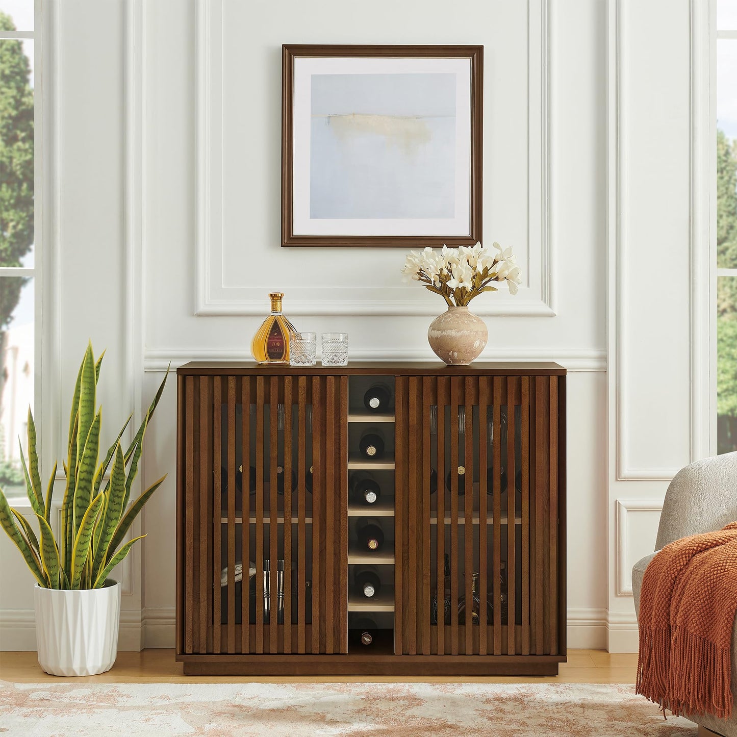 LKTART Wine Cabinet & Coffee Bar with Bottle Holders & Stemware Racks,Liquor Cabinet with Open Storage and Built-in Door Shelves,Bar Cabinet with Solid Wood Legs and Adjustable Shelf