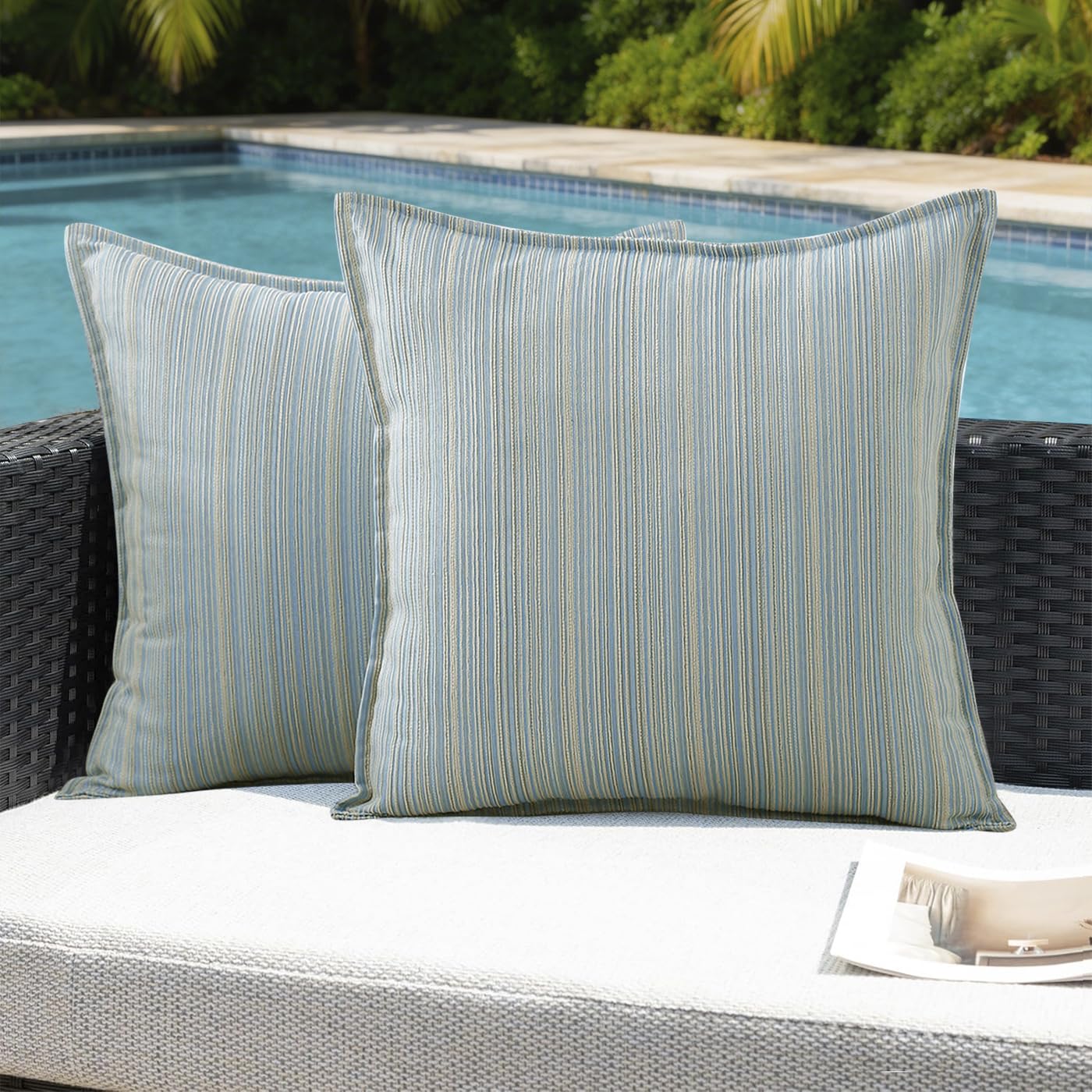 VAKADO Outdoor Waterproof Throw Pillow Covers 18x18 Set of 2,Chenille UV Decorative with Hem Patio Furniture Cushion Cases Decor for Bench Garden Tent Chair Seat Porch Couch,Stripe Beige