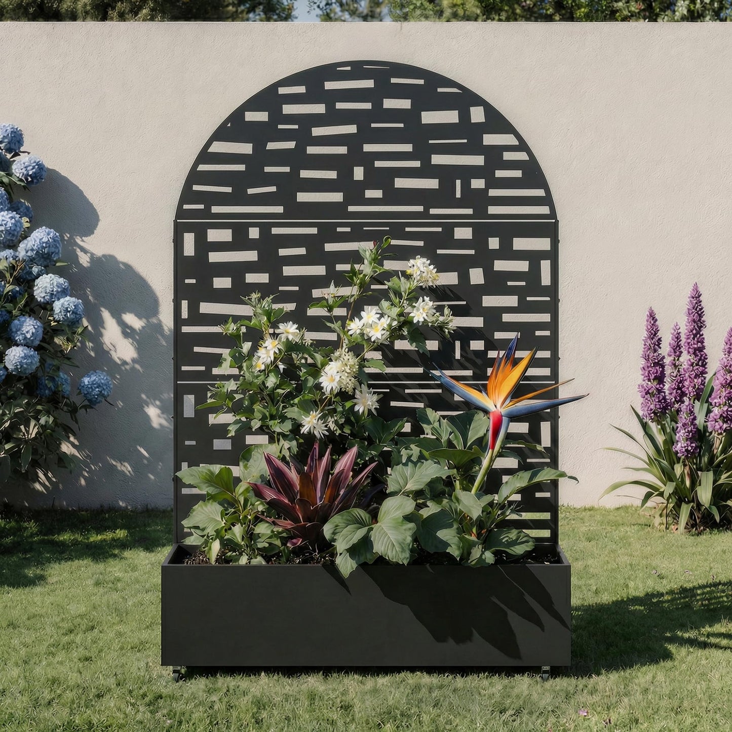 Metal Raised Garden Bed with Trellis and Wheels, 71"x47"x16" Planter Box with Privacy Screen & Drainage Holes, Arched Outdoor Garden Bed for Climbing Plants, Vegetables, Flowers (Black-Square)