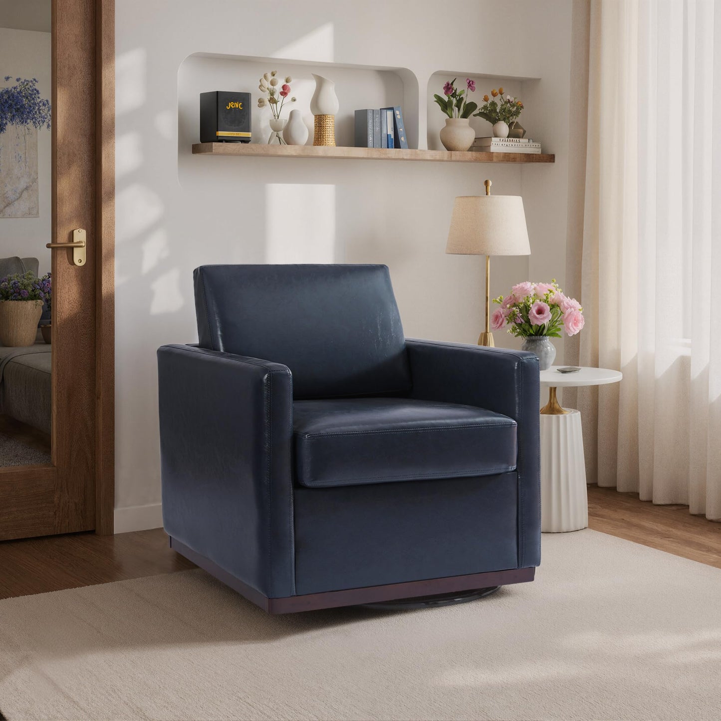 Swivel Accent Chairs Set of 2, 360° Swivel Upholstered Faux Leather Club Armchairs for Living Room, Comfy Single Sofa Reading Chair with Deep Seat, Metal Swivel Base, Coffee