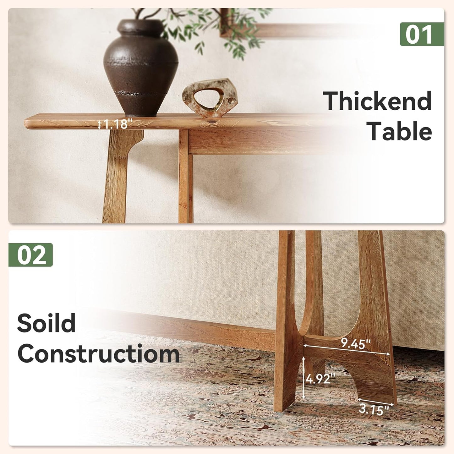 TRIBEWOOD 63-Inch Solid Wood Console Table, Farmhouse Long Sofa Table Behind Couch with Geometric Base for Entryway, Entrance, Living Room, Walnut Brown