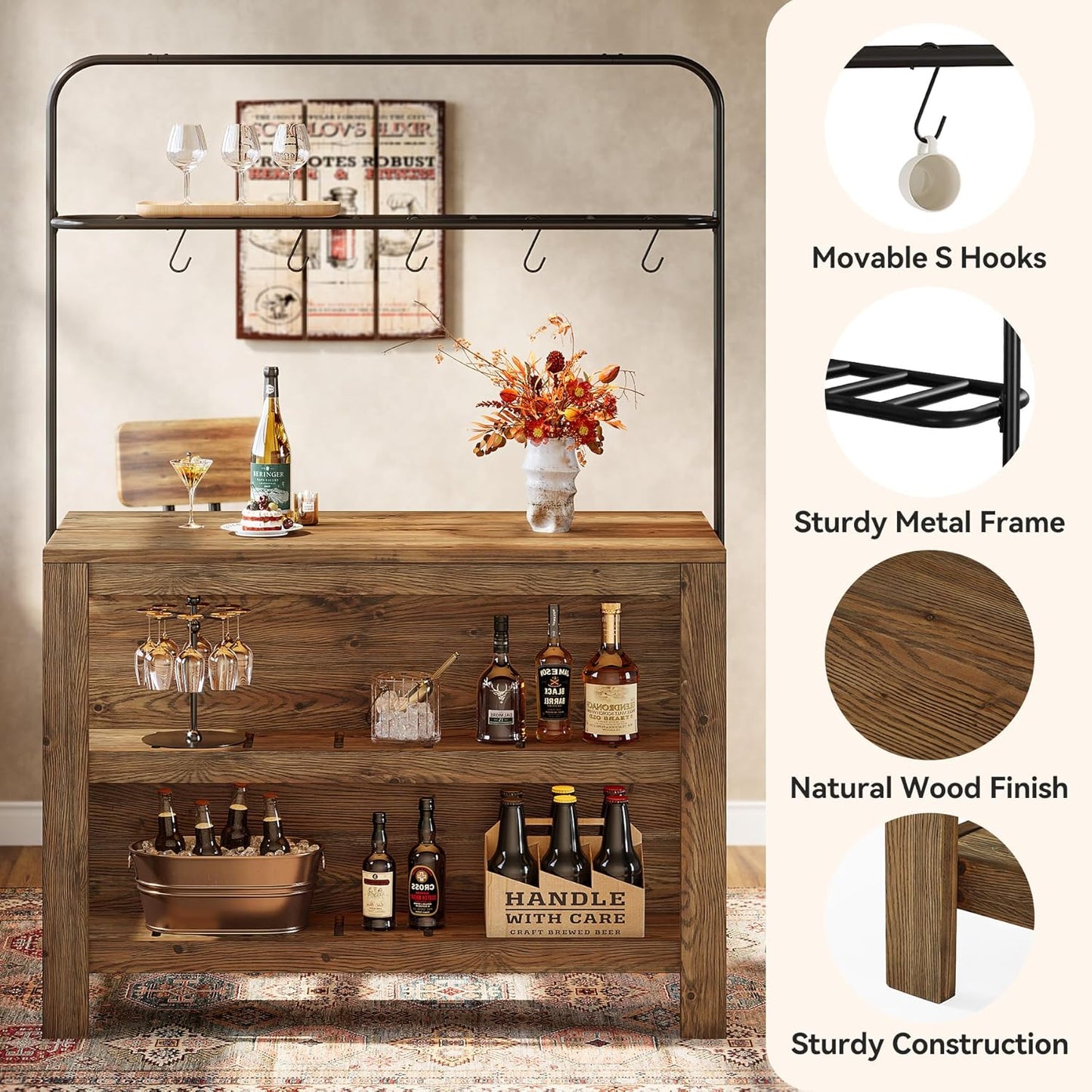 47-Inch Solid Wood Bar Table, 3-Tier Industrial Home Bar Unit with Storage Shelves, Counter Height Pub Bar Dining Table for Kitchen, Dining Room, Living Room, 5 Hooks, Rustic Brown