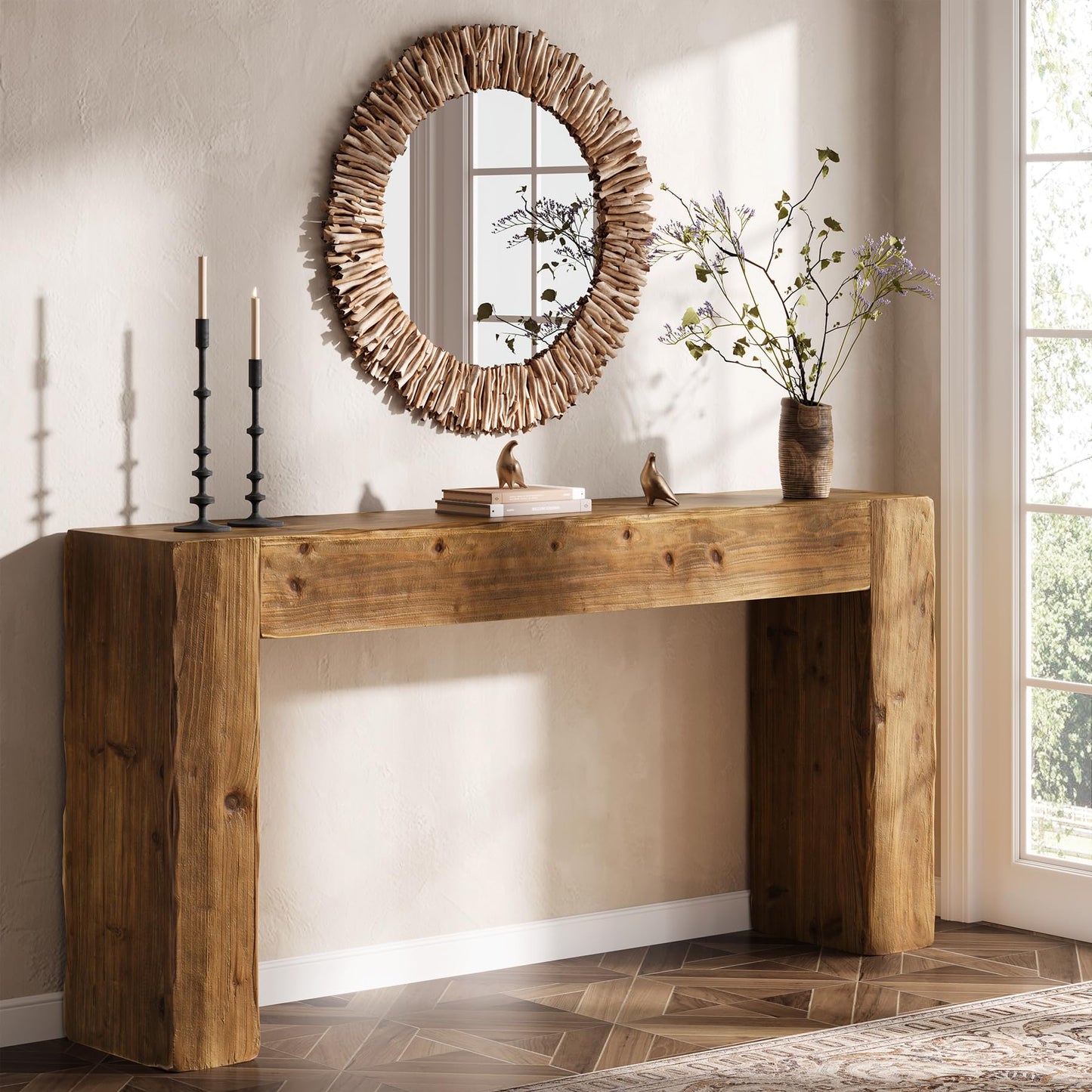 Solid Wood Console Table, 63-Inch Farmhouse Sofa Table Behind Couch for Entryway, Living Room, Foyer, Easy Assembly (Light Wood)
