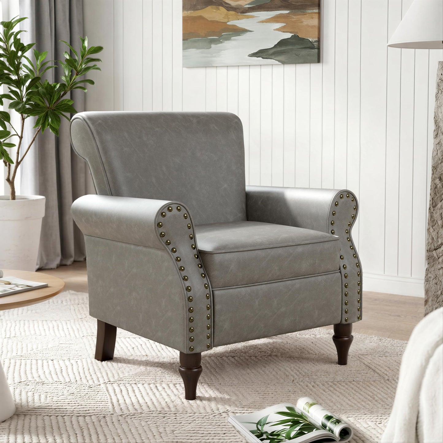 Wingback Accent Chairs Set of 2, Mid-Century Modern Upholstered Armchair Living Room Chair with Nailhead Trim & Rolled Armrest, Comfy Lounge Chair Single Sofa Chair for Bedroom, Light Blue