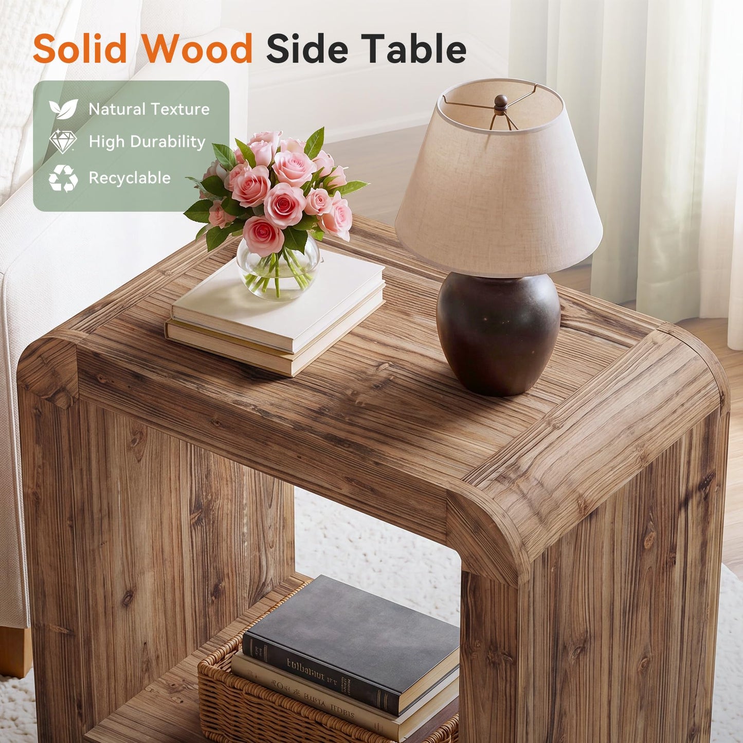 Solid Wood End Table, 2-Tier Narrow Side Table with Storage Shelves, Farmhouse Rustic Nightstand for Living Room, Bedroom, Small Spaces, Easy Assembly (1 PC, Brown)