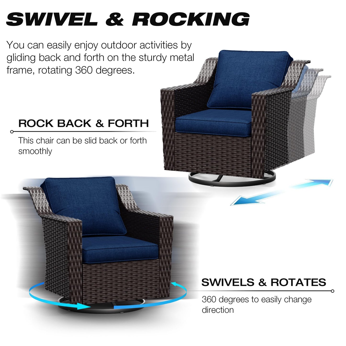 Joyside Patio Sofa - 3 Seater Rattan Sofa, All Weather High Back Sofa, Upgraded Large Size with 4inch Seat Cushions for Backyard, Garden, Poolside (Brown/Blue)