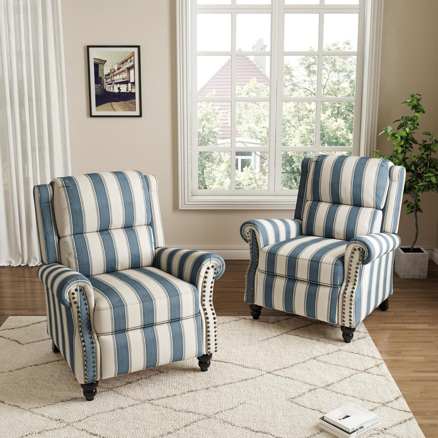 Pushback Recliner Chairs Set of 2, Comfy Fabric Wingback Recliner Chair, Upholstered Armchair Push Back Recliner with Wood Legs, Rivet Trim Accent Chair for Living Room, Bedroom, Blue Stripe