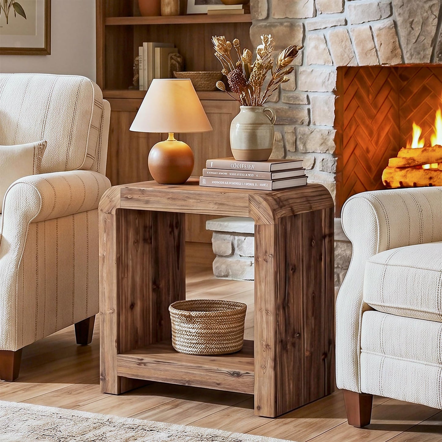 Solid Wood End Table, 2-Tier Narrow Side Table with Storage Shelves, Farmhouse Rustic Nightstand for Living Room, Bedroom, Small Spaces, Easy Assembly (1 PC, Brown)