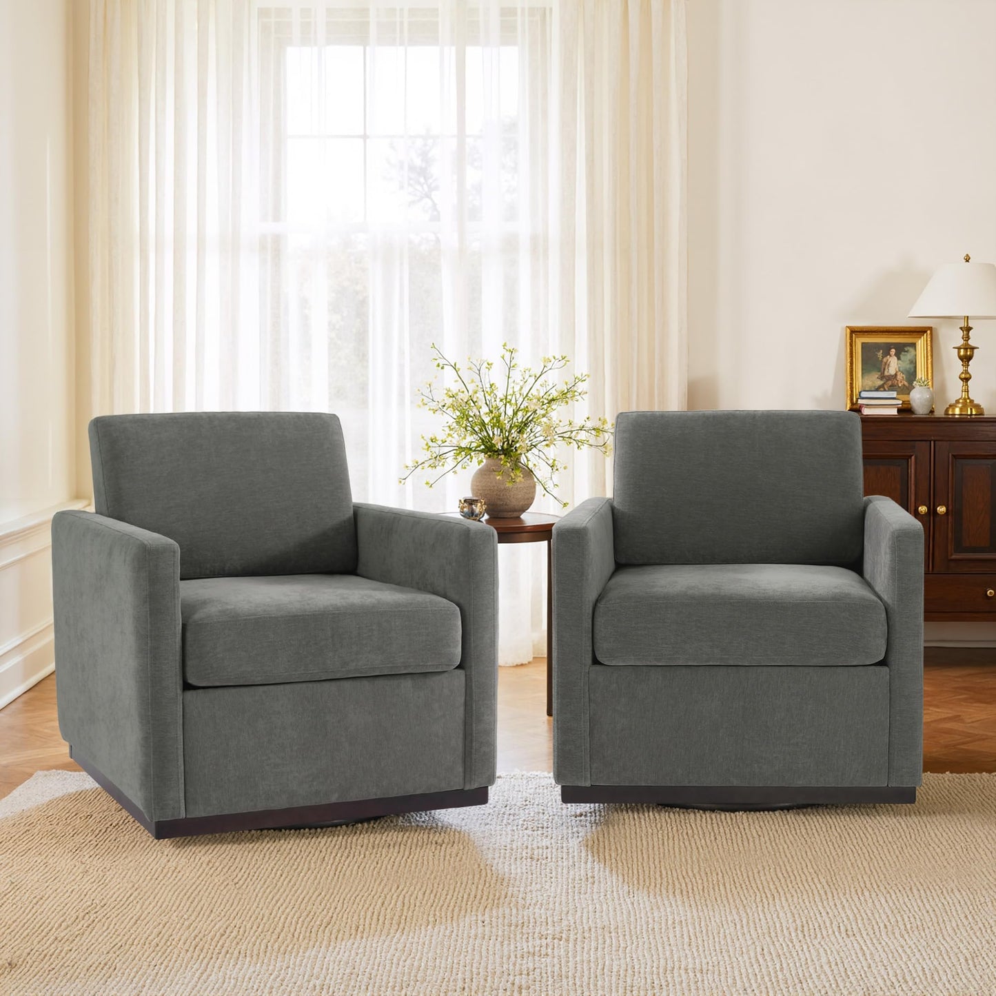 Faux Leather Swivel Accent Chairs Set of 2, 360° Swivel Upholstered Club Armchairs for Living Room, 31" Wide Square Single Sofa Reading Chair with Deep Seat, Metal Swivel Base, Navy