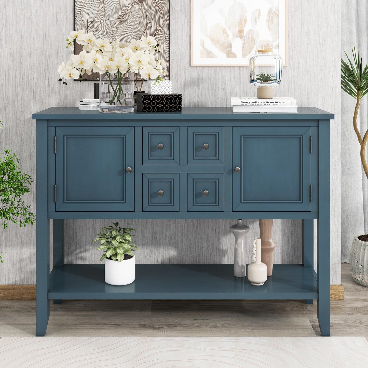 LKTART Farmhouse Sideboard Buffet Cabinet,Solid Wood Sideboard with Storage Drawers and Bottom Shelf,Coffee Bar for Entryway Hallway Foyer,Easy Assembled (46.5" Brown