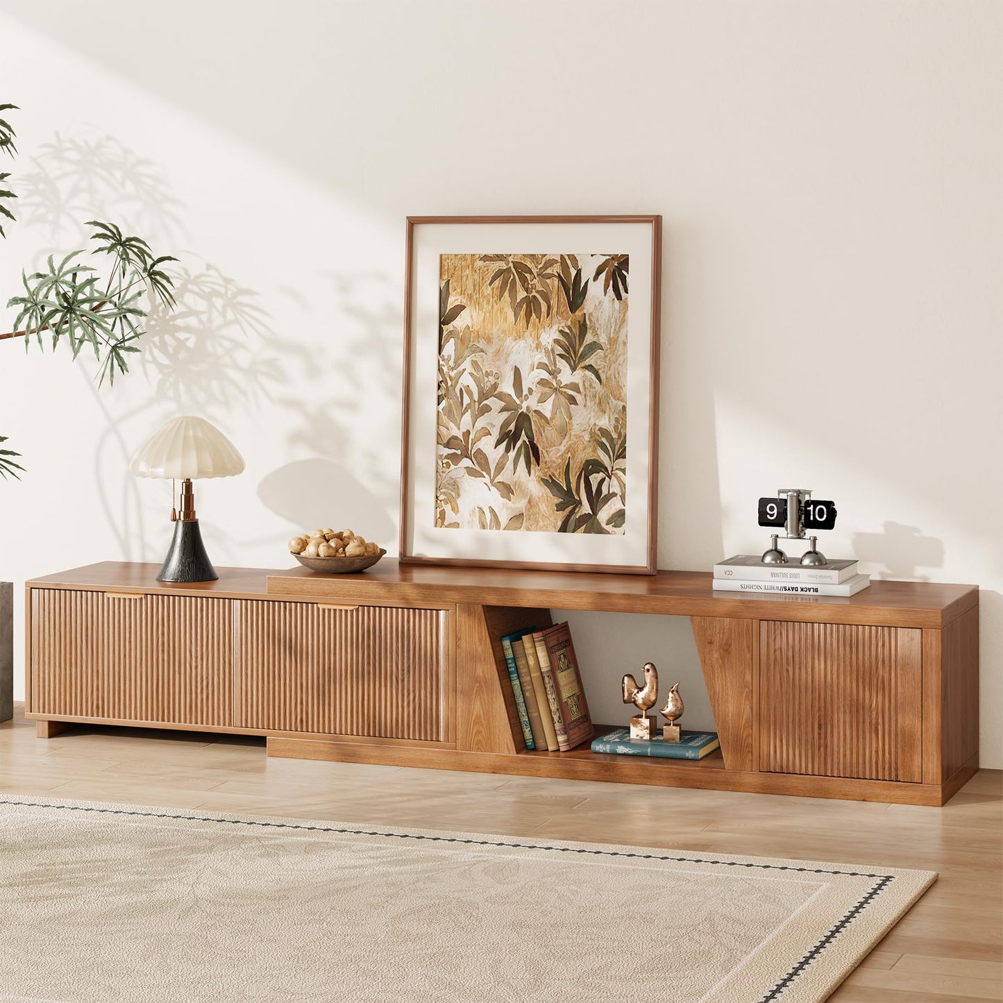 Epecoya 98 Inch Extendable TV Stands for Living Room, Wooden Extra Long TV Stand with Adjustable Shelf and Drawers, Fluted TV Console with Storage Cabinet, Warm Brown Oak (64.57" W-98.43" W)