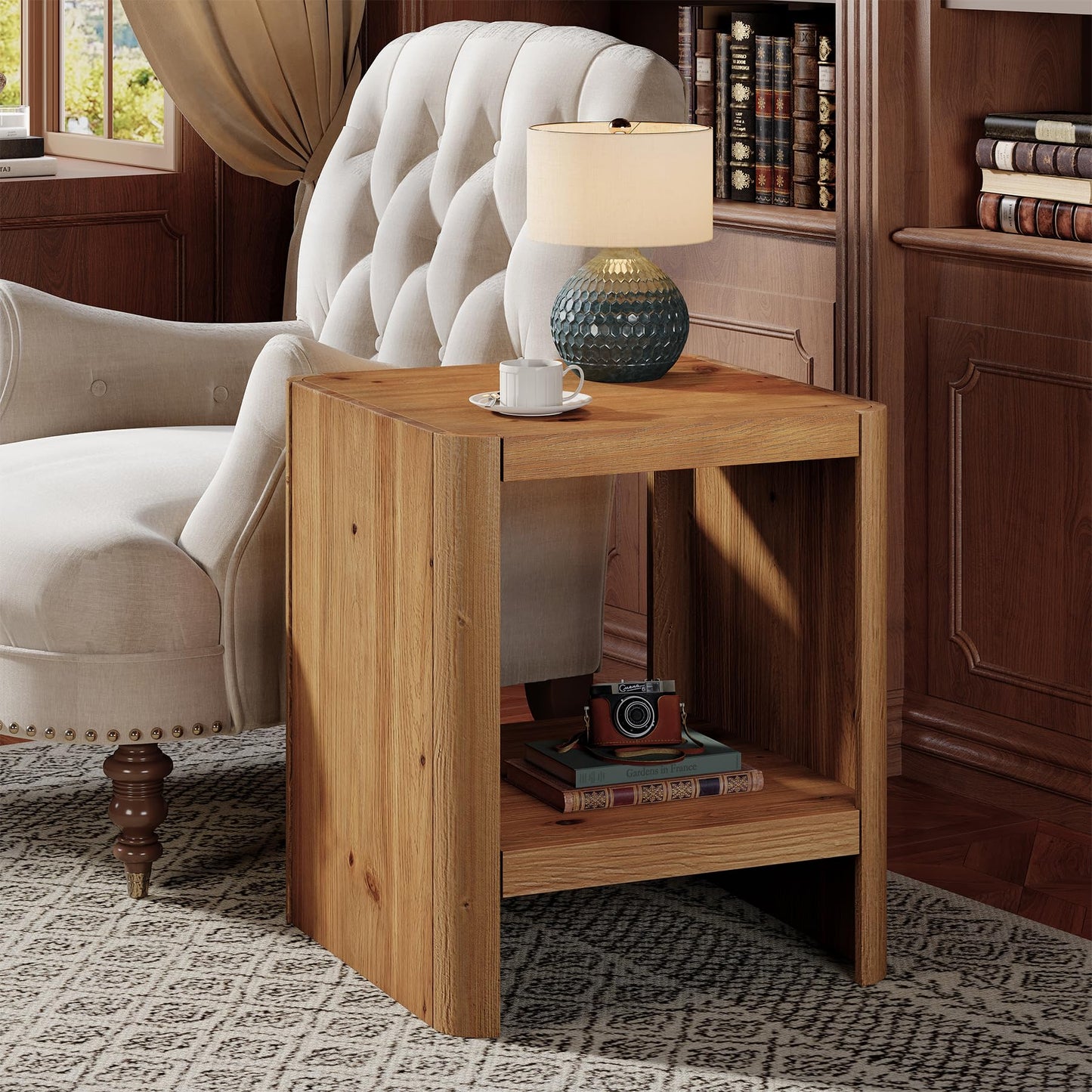 Solid Wood End Table, 2-Tier Small Side Table with Open Storage Shelf, Rustic Nightstand for Living Room, Bedroom, or Small Spaces, Easy Assembly (2, Natural Wood)