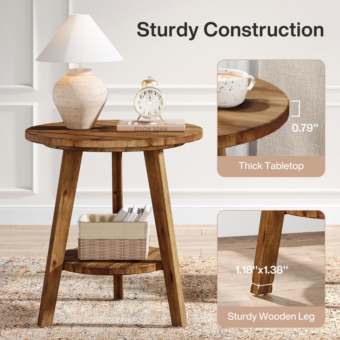 Solid Wood Round End Table, Sofa Side Table with Storage Shelf, Farmhouse Nightstand for Living Room, Bedroom, Easy Assembly (Dark Brown, 1 PC)