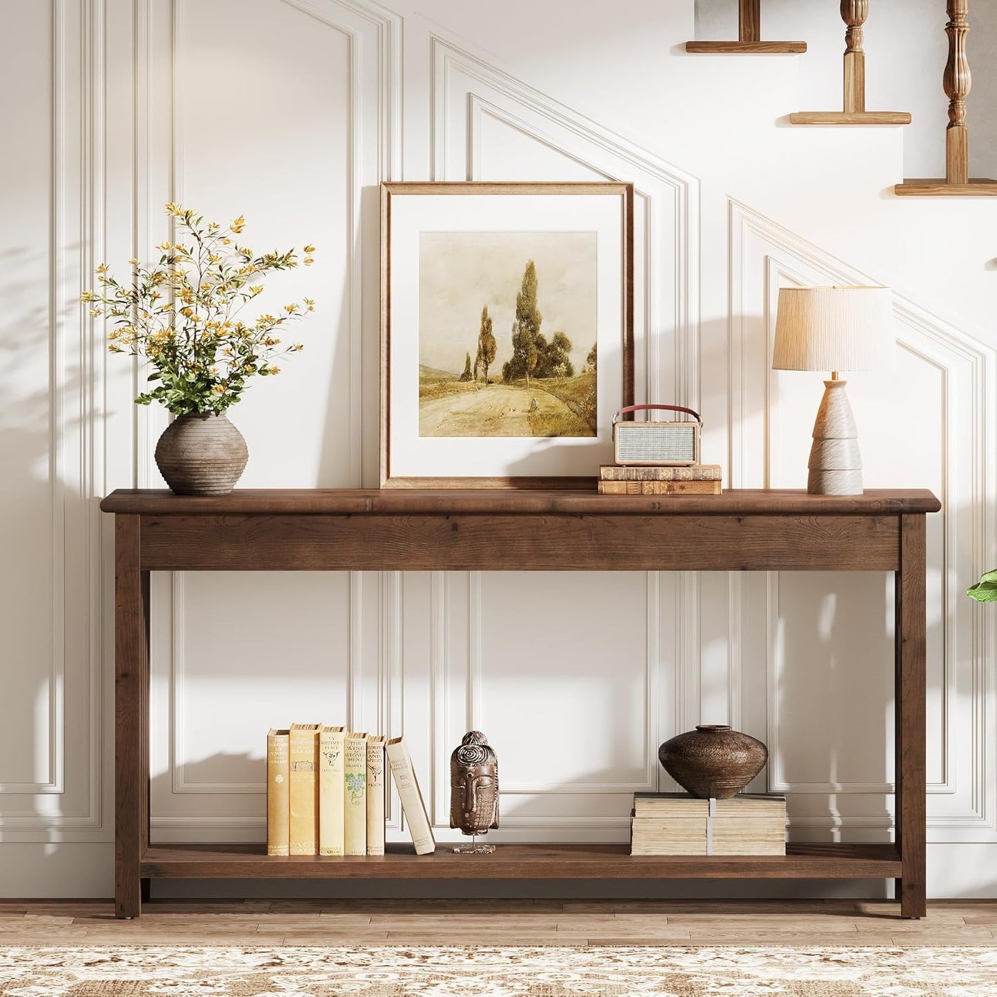 63" Solid Wood Console Table with 2-Tier Shelf, Farmhouse Sofa Table, Rustic Entryway Table for Behind Couch, Hallway, Living Room