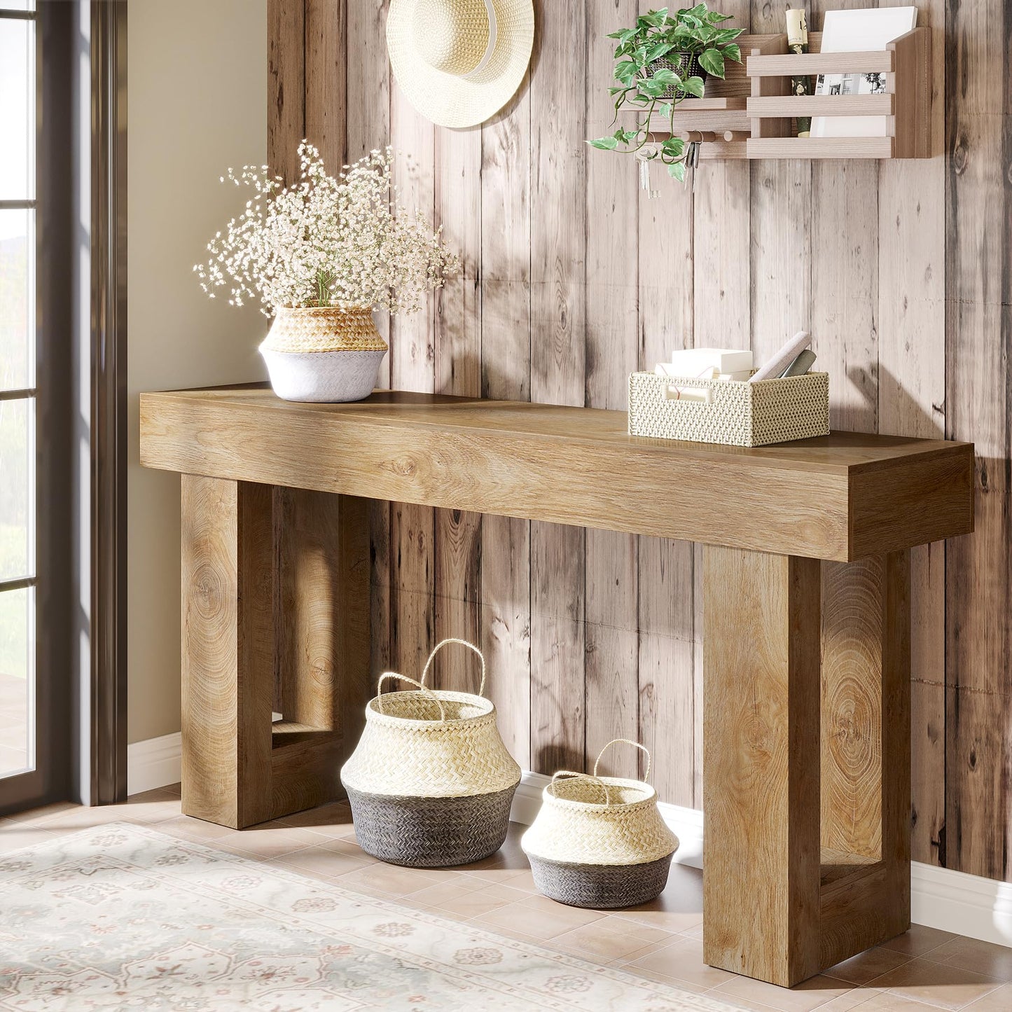 Tribesigns Farmhouse Console Table, 63-Inch Long Narrow Sofa Table Behind The Couch, Wooden Rectangular Entryway Table for Entrance, Hallway, Living Room (Natural)