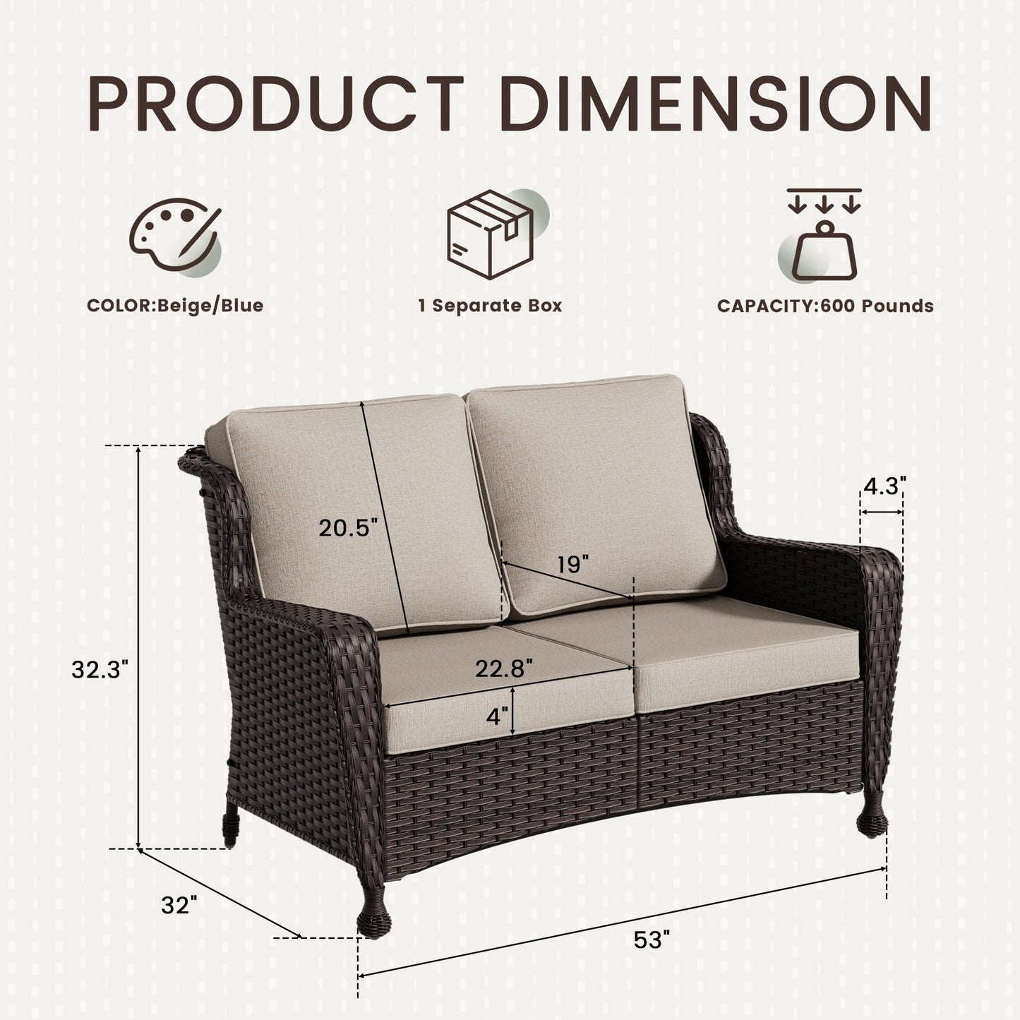 Wicker Patio Loveseat, All-Weather Rattan 2-Seat Sofa with Cushions, Outdoor Patio Furniture Set for Patio, Balcony, Backyard, Deck, Poolside