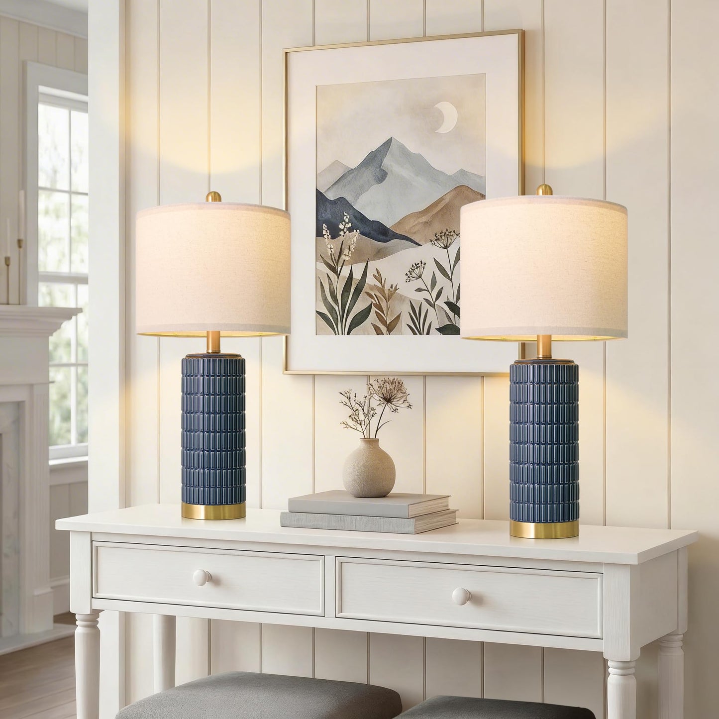 PoKat Small Bedside Table Lamps Set of 2 for Bedroom Living Room, 21.5'' Modern Ceramic Nightstand Lamps with Gold Base, Farmhouse Table Lamps for Office End Side Table Console, White and Beige
