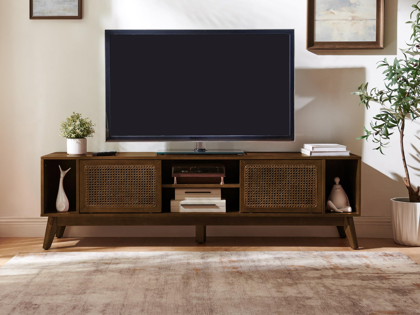 LKTART Mid Century Modern Rattan TV Stand for 65 Inch TV,59" Boho Media Console with Sliding Doors & Open Shelves,Solid Wood Legs for Living Room,Light Walnut