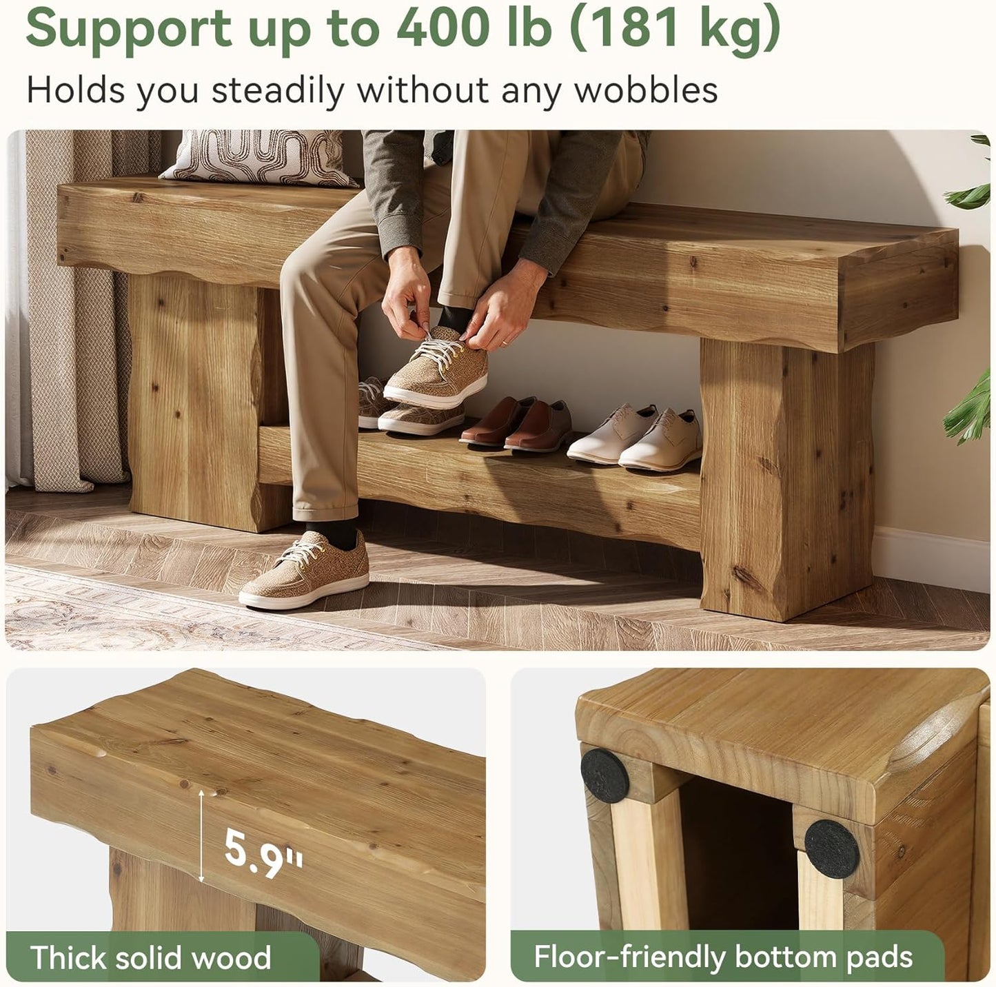 Solid Wood Bench 63" Two Tier Entryway Shoe Rack Bench, End of Bed Bench with Storage, Rustic Wood Bench for Bedroom, Hallway, Living Room, Kitchen, Dining, Rustic Brown