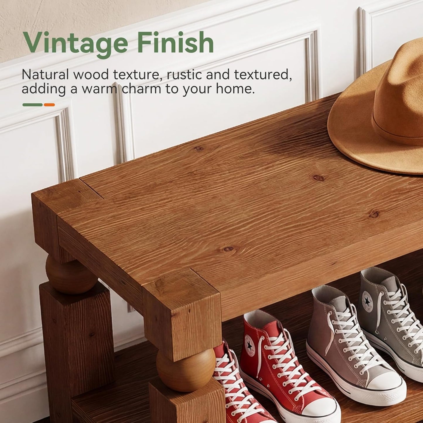 47-Inch Entryway Bench with Shoe Storage, Solid Wood Shoe Rack Bench, Narrow Storage Bench, Long Rustic Wood Bench for Indoor, Bedroom, Hallway, Living Room (Brown)