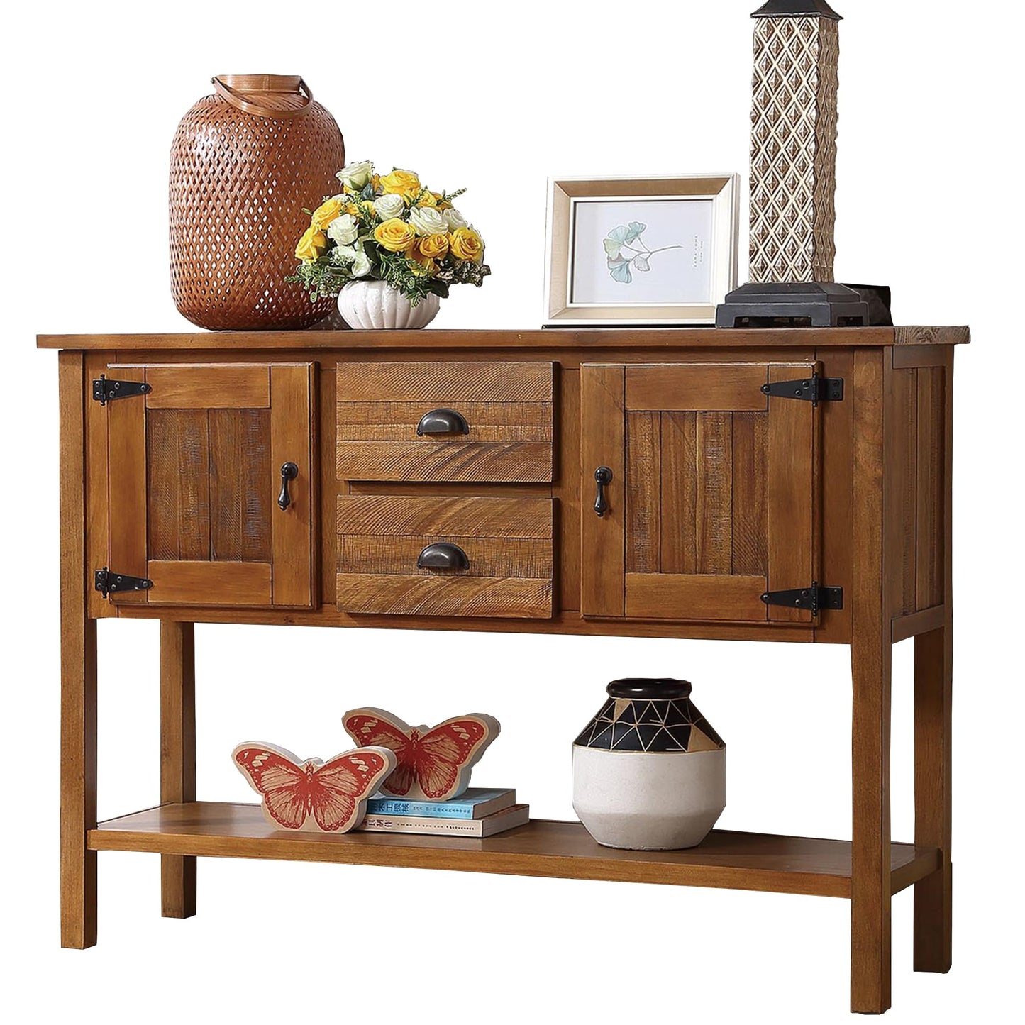 LKTART Farmhouse Sideboard Buffet Cabinet,Solid Wood Sideboard with Storage Drawers and Bottom Shelf,Coffee Bar for Entryway Hallway Foyer,Easy Assembled (46.5" Brown