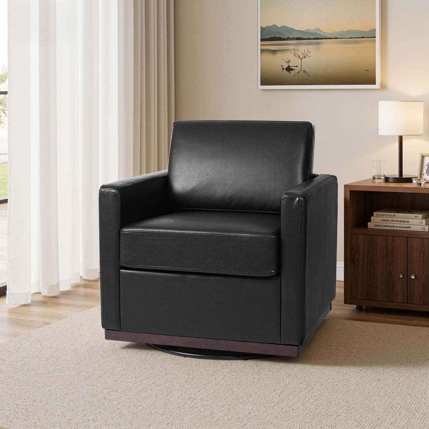 Faux Leather Swivel Accent Chairs Set of 2, 360° Swivel Upholstered Club Armchairs for Living Room, 31" Wide Square Single Sofa Reading Chair with Deep Seat, Metal Swivel Base, Navy