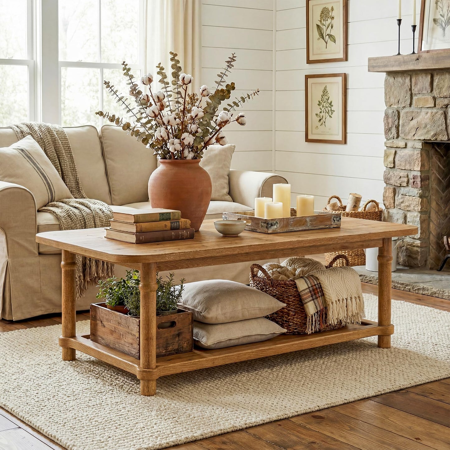 47" Rectangle Coffee Table, Solid Wood Center Table with 2-Tier Storage, Modern Farmhouse Coffee Furniture for Living Room, Home & Family Room, Light Brown