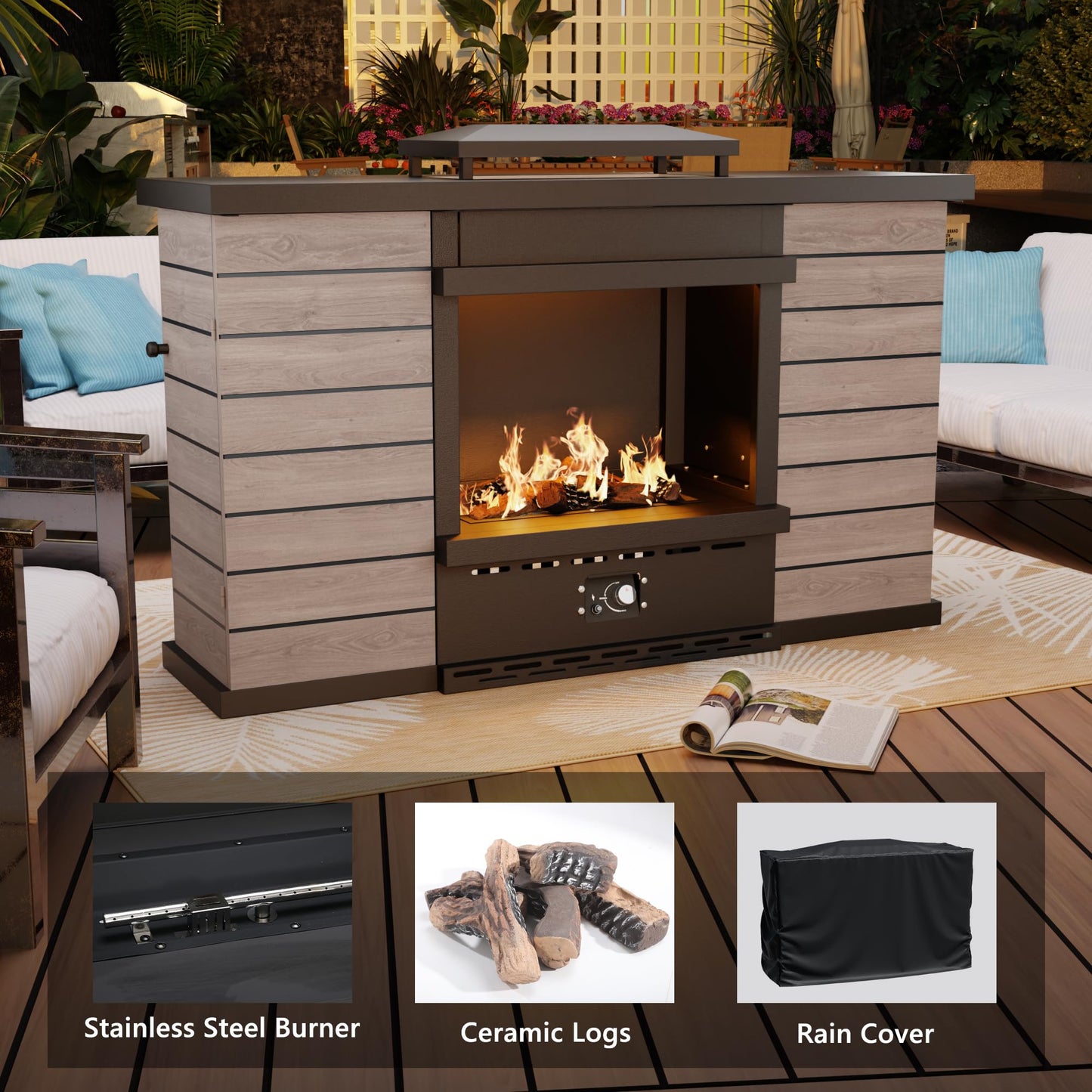 47.3''x35.5'' Outdoor Propane Fireplace, 50,000 BTU Vent-Free Gas Heater, CSA Certified Grey & Black Weather-Resistant Steel, Realistic Ceramic Logs, Rain Cover Included