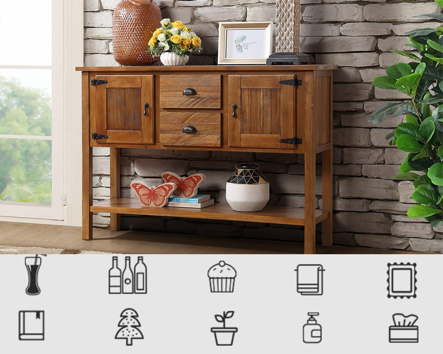 LKTART Farmhouse Sideboard Buffet Cabinet,Solid Wood Sideboard with Storage Drawers and Bottom Shelf,Coffee Bar for Entryway Hallway Foyer,Easy Assembled (46.5" Brown