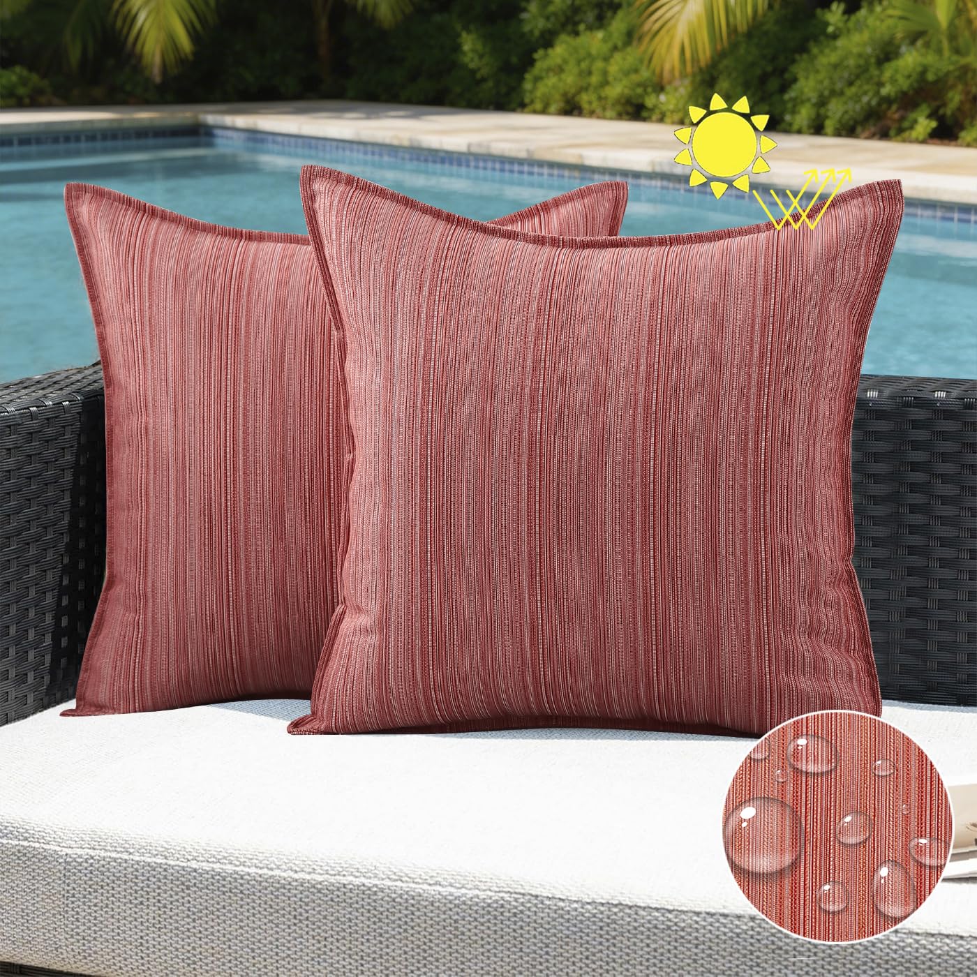 VAKADO Outdoor Waterproof Throw Pillow Covers 18x18 Set of 2,Chenille UV Decorative with Hem Patio Furniture Cushion Cases Decor for Bench Garden Tent Chair Seat Porch Couch,Stripe Beige