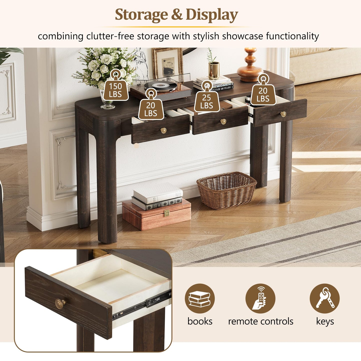 LKTART Solid Wood Console Table Sofa Tables with Drawers and Shelves Small Entryway Table for Living Room,Behind the Couch Table,Foyer(42" Espresso)