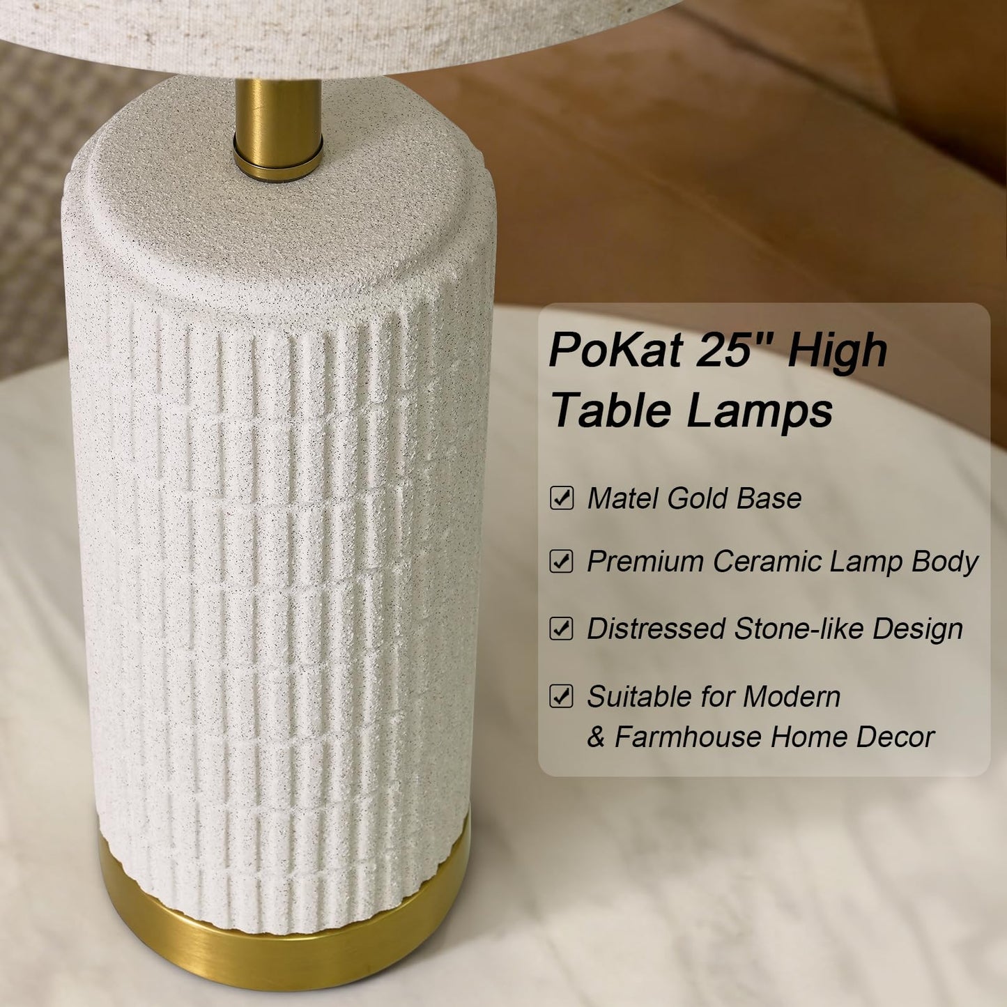 PoKat Small Bedside Table Lamps Set of 2 for Bedroom Living Room, 21.5'' Modern Ceramic Nightstand Lamps with Gold Base, Farmhouse Table Lamps for Office End Side Table Console, White and Beige