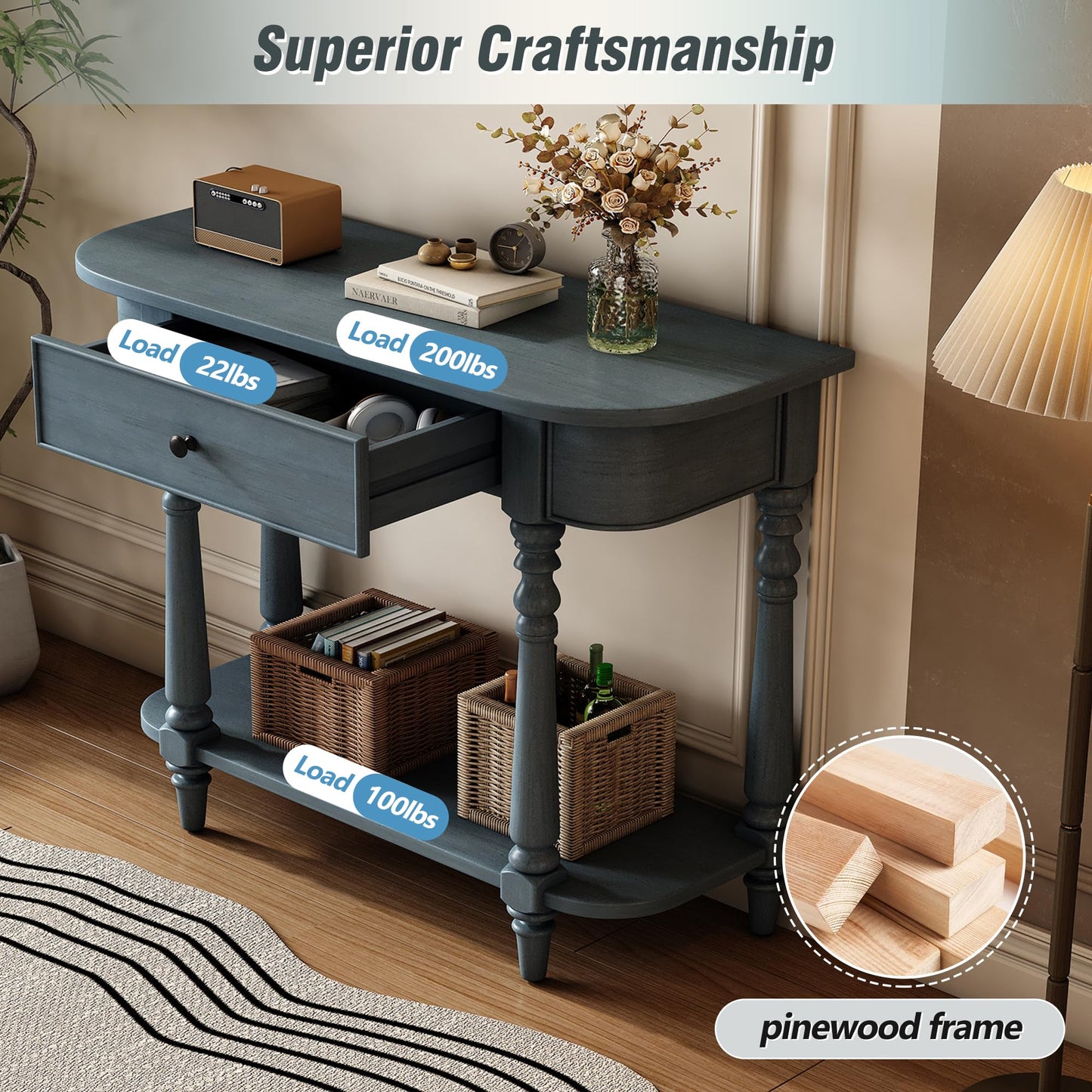 LKTART Small Solid Wood Sofa Table,Console Table with Drawers and Bottom Shelf, Entryway Hallway Foyer Entry Table for Living Room(23.7" Natural)