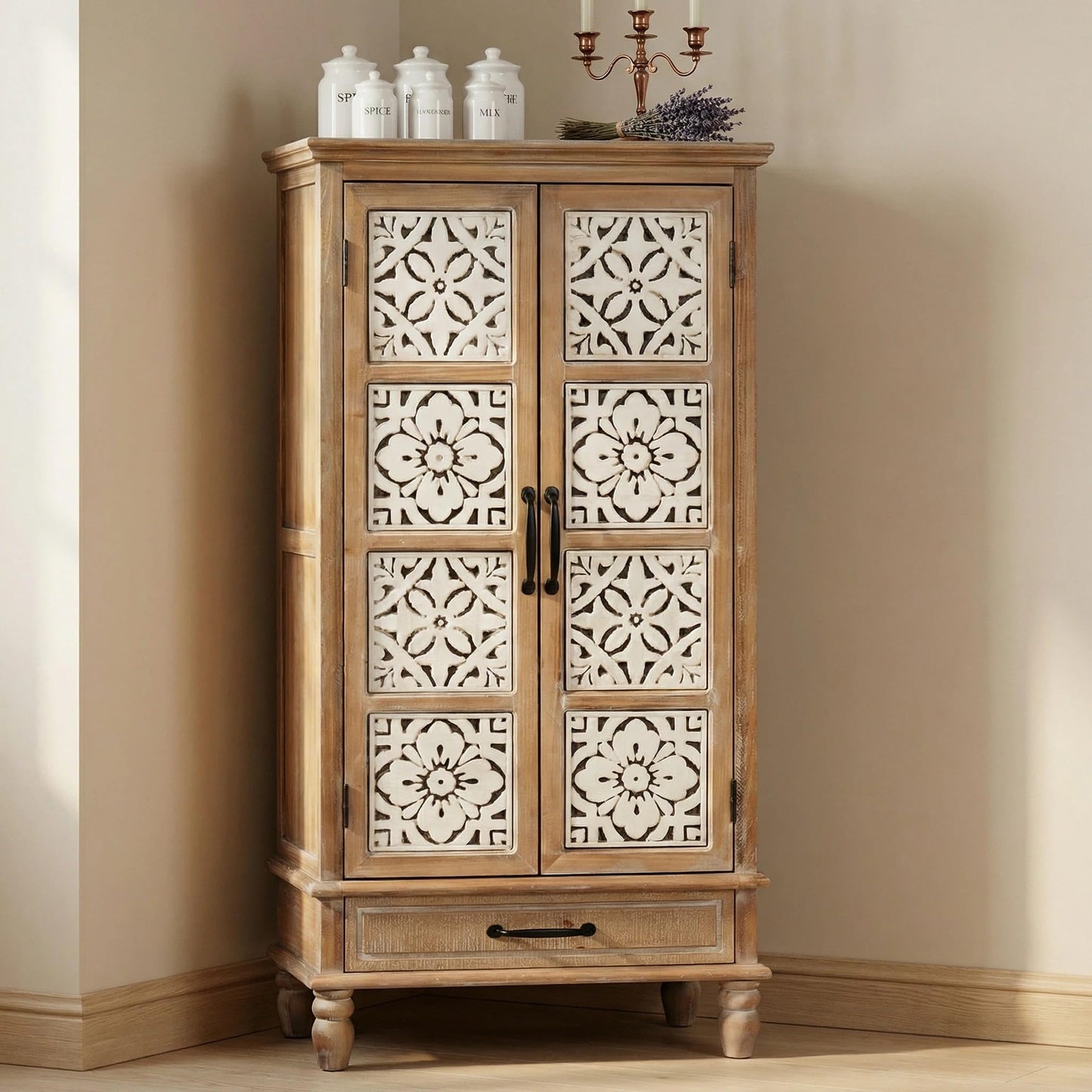 LKTART KTART 55'' Tall Kitchen Pantry Cupboard Storage Cabinet with Shelves & Drawer,French Country Accent Cabinet with Embossed Floral Metal Doors and Solid Wood Frame,Natural Wood