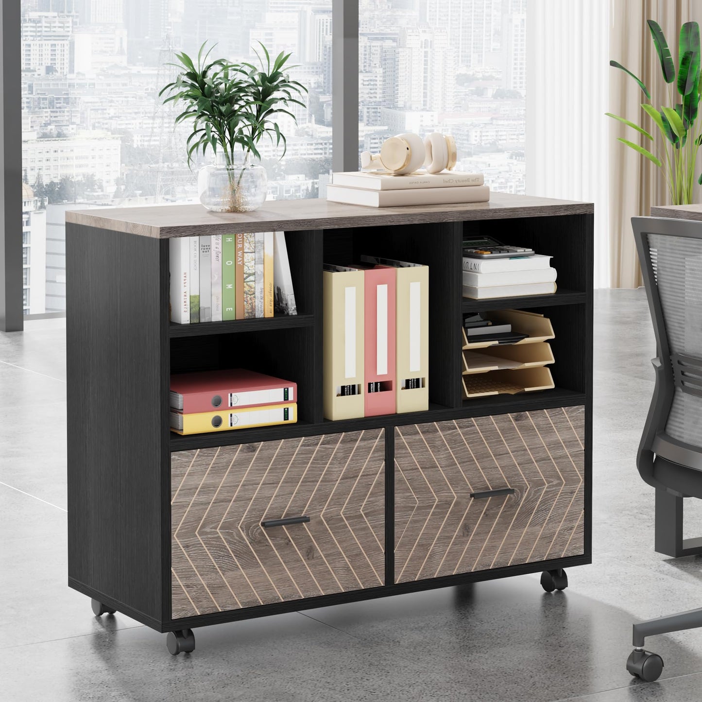 Tribesigns 2-Drawer Wood File Cabinet, Mobile Lateral Filing Cabinet for Hanging Letter Size Files, Printer Stand with Open Storage Shelves for Home Office (Oak Karo & White)