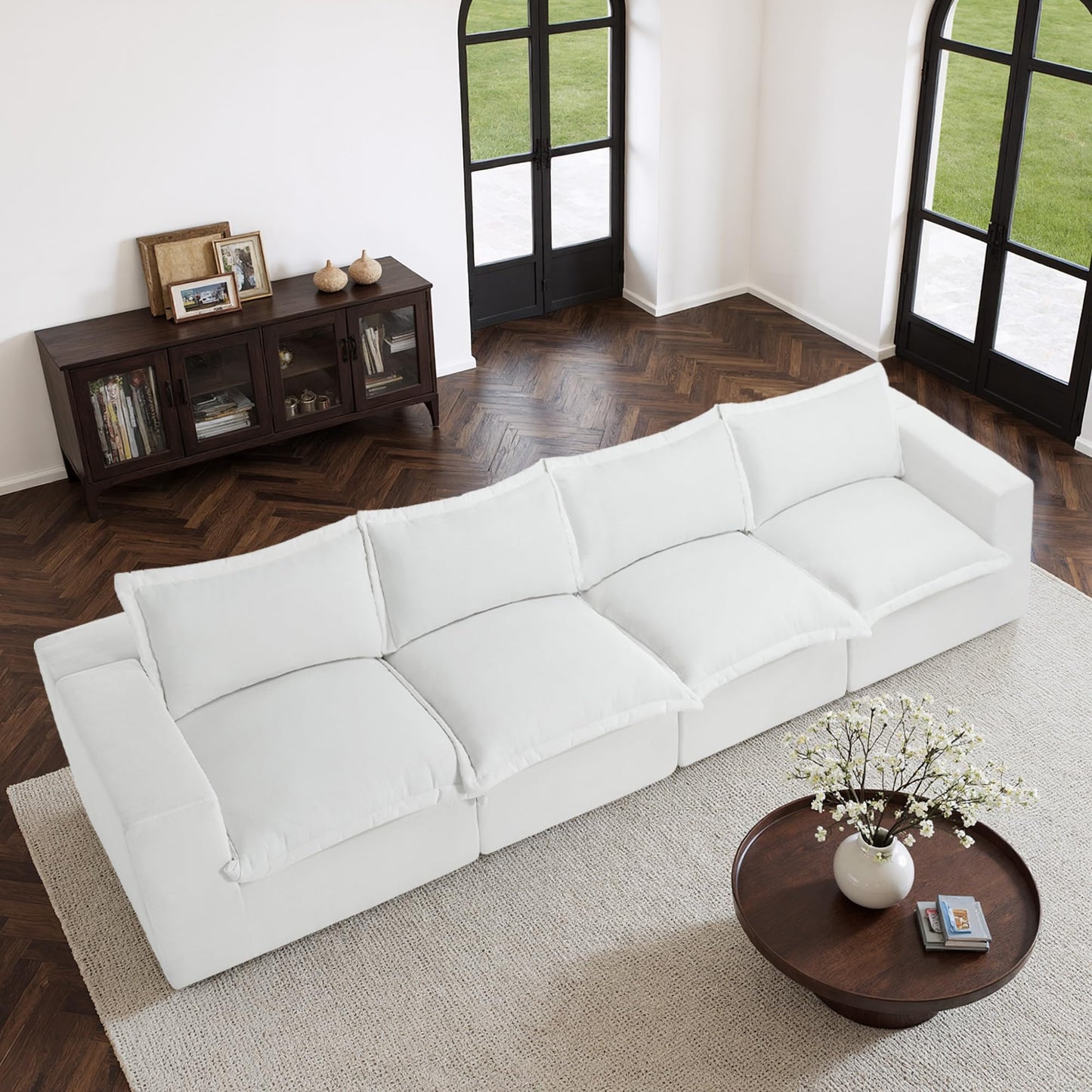 116" Modular Sectional Sofa, Comfy L Shaped Modular Coush Sofa with Ottoman, 3-Seat Chenille Cloud Couches Deep Seat Sofa for Living Room, Apartment, Small Spaces, Beige