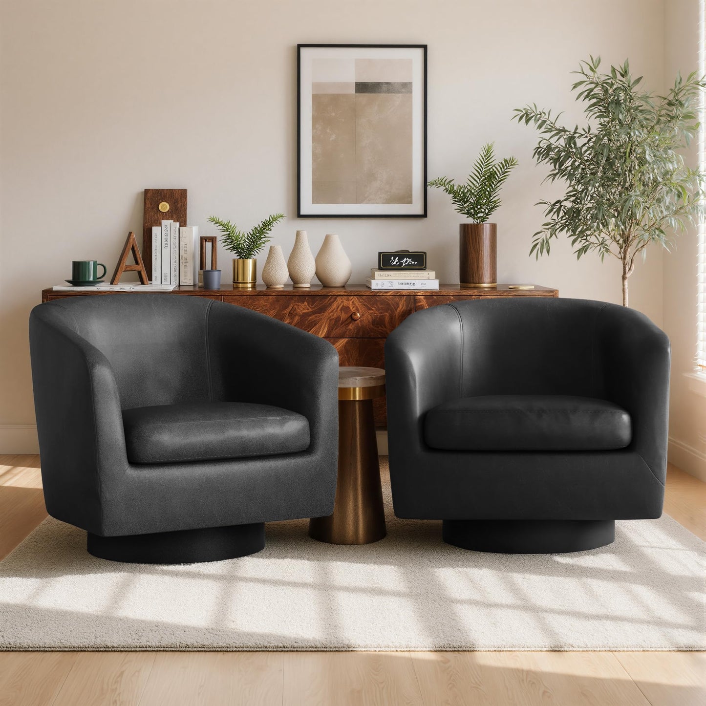 Swivel Barrel Chairs Set of 2, 31" W Modern Faux Leather Round Swivel Accent Chair for Living Room, 360° Rotation Upholstered Armchair Club Chair for Bedroom, Reading Room, Office (Brown)