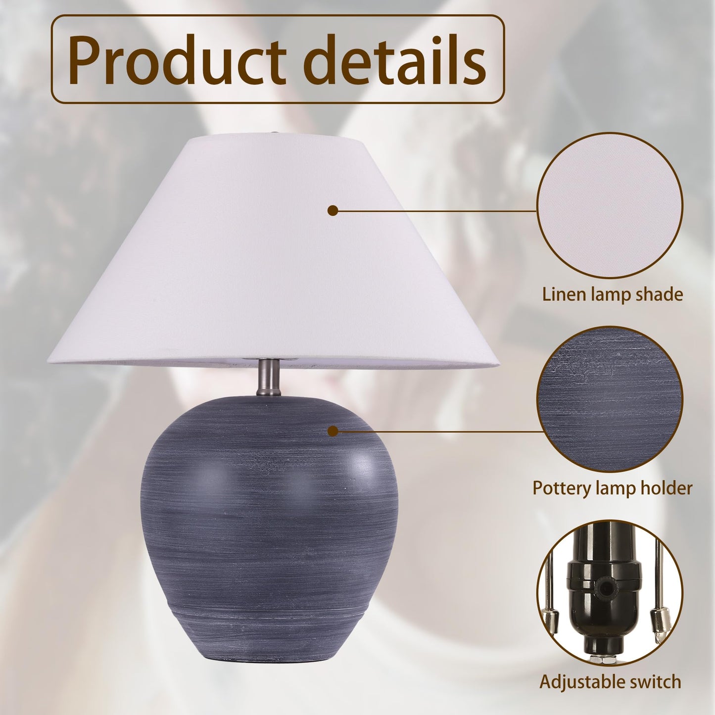 Farmhouse Ceramic Table Lamp, 21" Rustic Table Lamp with Linen Shade, 3-Way Dimmable Bedside Nightstand Lamps for Bedroom, Living Room, E26 Socket, Dark Grey