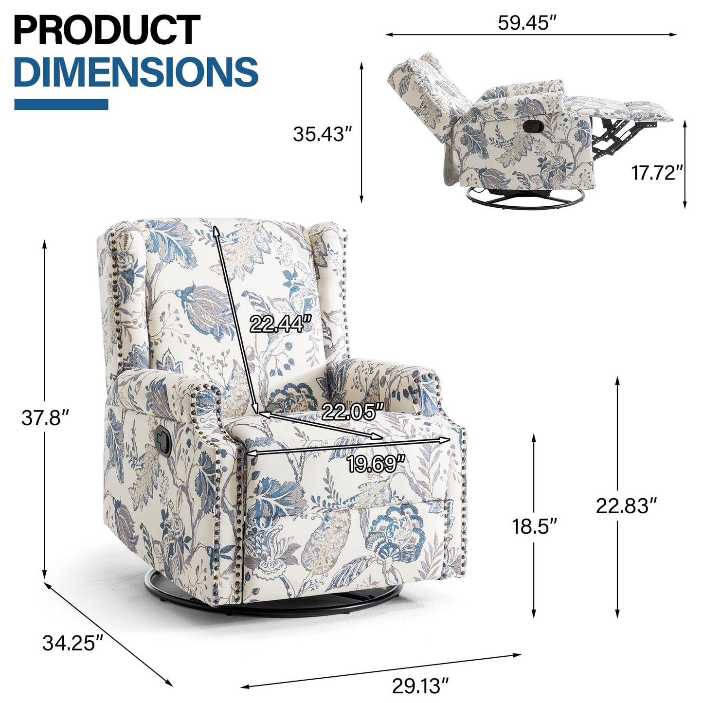 Swivel Rocker Recliner Chair, 360° Swivel Wingback Recliner Chairs for Adults, Upholstered Printed Fabric Glider Rocking Chair with High Back, Deep Seat for Living Romm Bedroom, Bird
