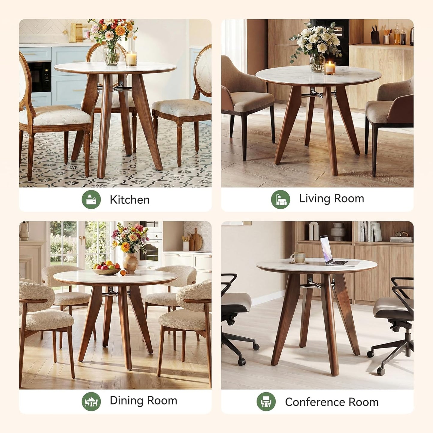 31.5" Round Dining Table, Modern Sintered Stone Kitchen Table with Solid Wood Legs for Dining Room, Living Room, Small Space, Glossy White & Brown