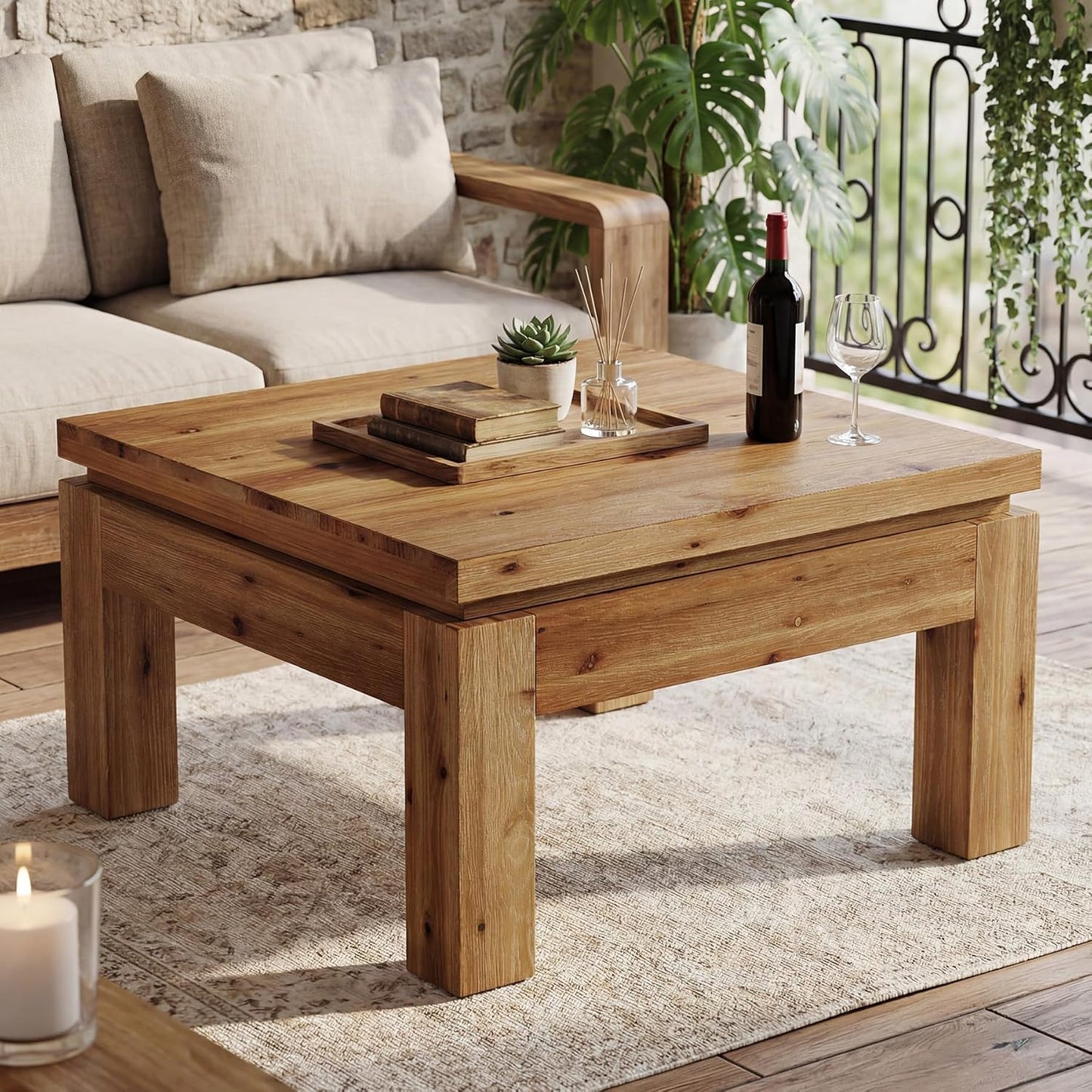 Farmhouse Coffee Table, 31.5" Solid Wood Square Coffee Table for Living Room, Apartment, Small Spaces (Natural Brown)