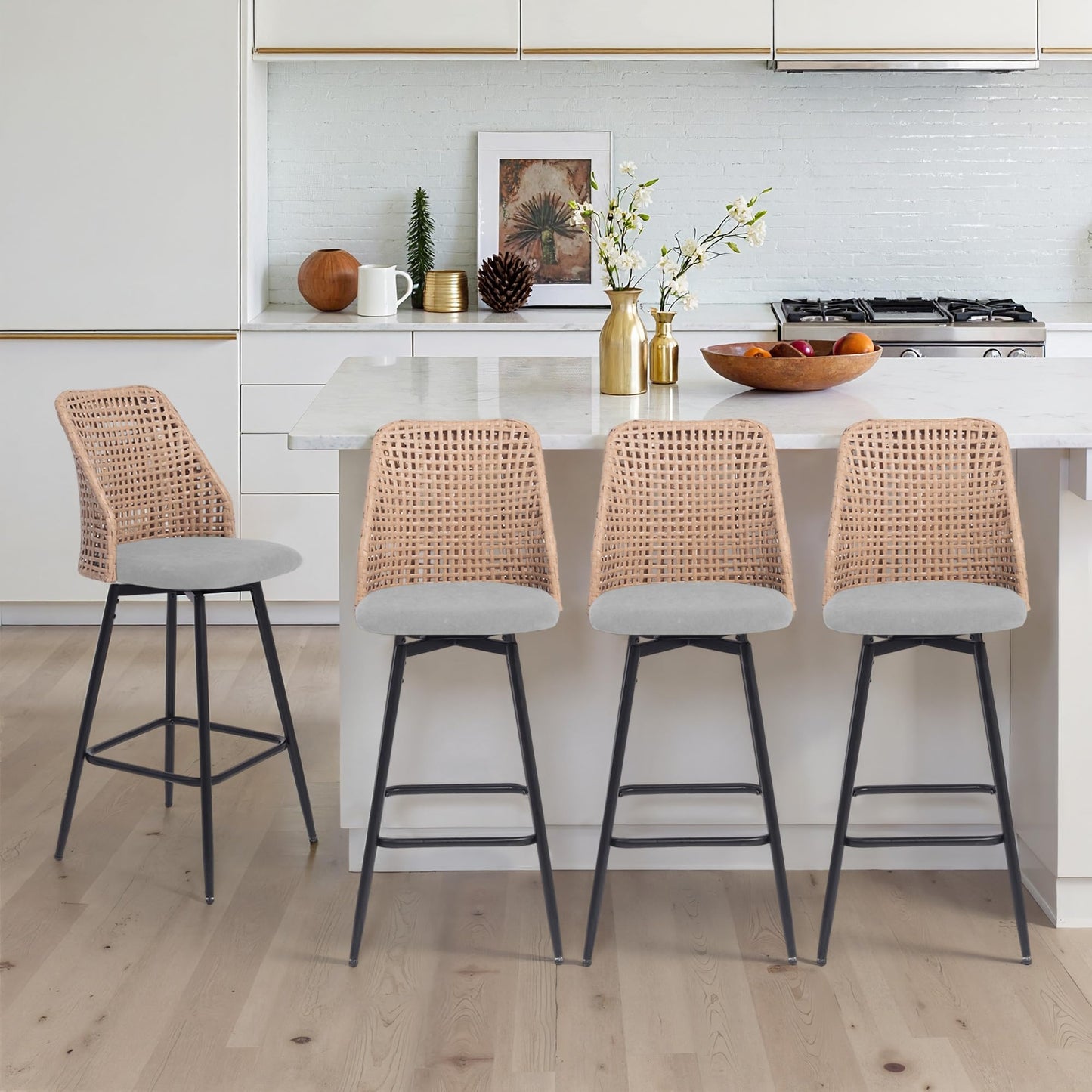 28.7" Swivel Bar Stools Set of 2, Mid Century Modern Counter Height Barstools with Rattan Backrest, Upholstered Chenille Armless Bar Chair Island Stools for Kitchen Island, Bar, Beige