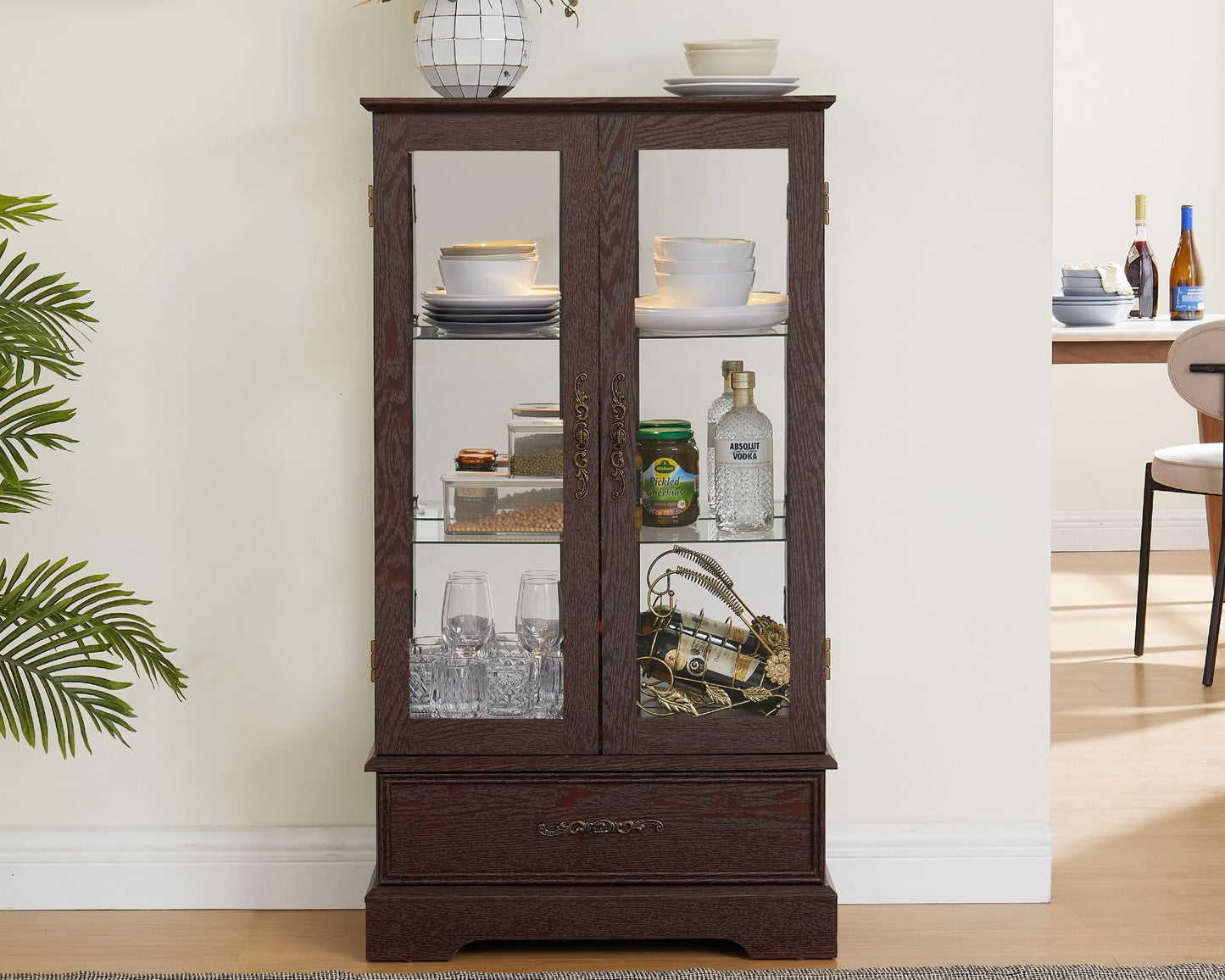 LKTART Curio Glass Display Cabinet,Storage Cabinet with Lights and Mirrored Back Panel,China Cabinet with Tempered Glass Doors and Shelves,Collectible Display Shelf,Included Bulb White