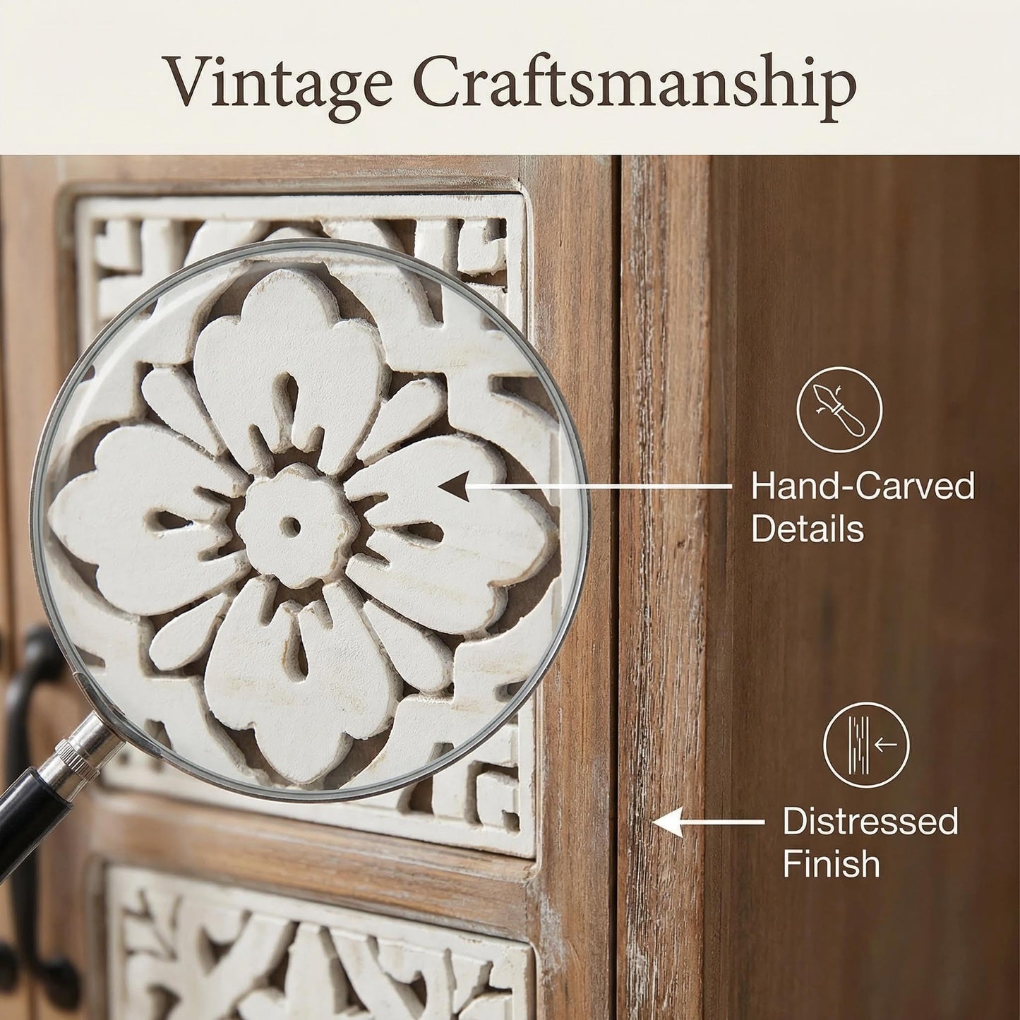 LKTART KTART 55'' Tall Kitchen Pantry Cupboard Storage Cabinet with Shelves & Drawer,French Country Accent Cabinet with Embossed Floral Metal Doors and Solid Wood Frame,Natural Wood