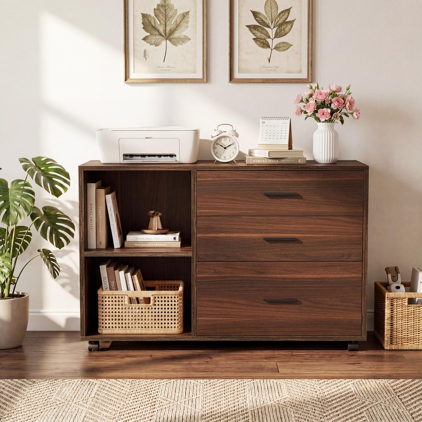 Tribesigns 39-Inch Rolling File Cabinet with 3 Drawers, Wooden Office Lateral Filing Cabinet, Modern Printer Stand with Storage Shelves for Home Office, Light Brown